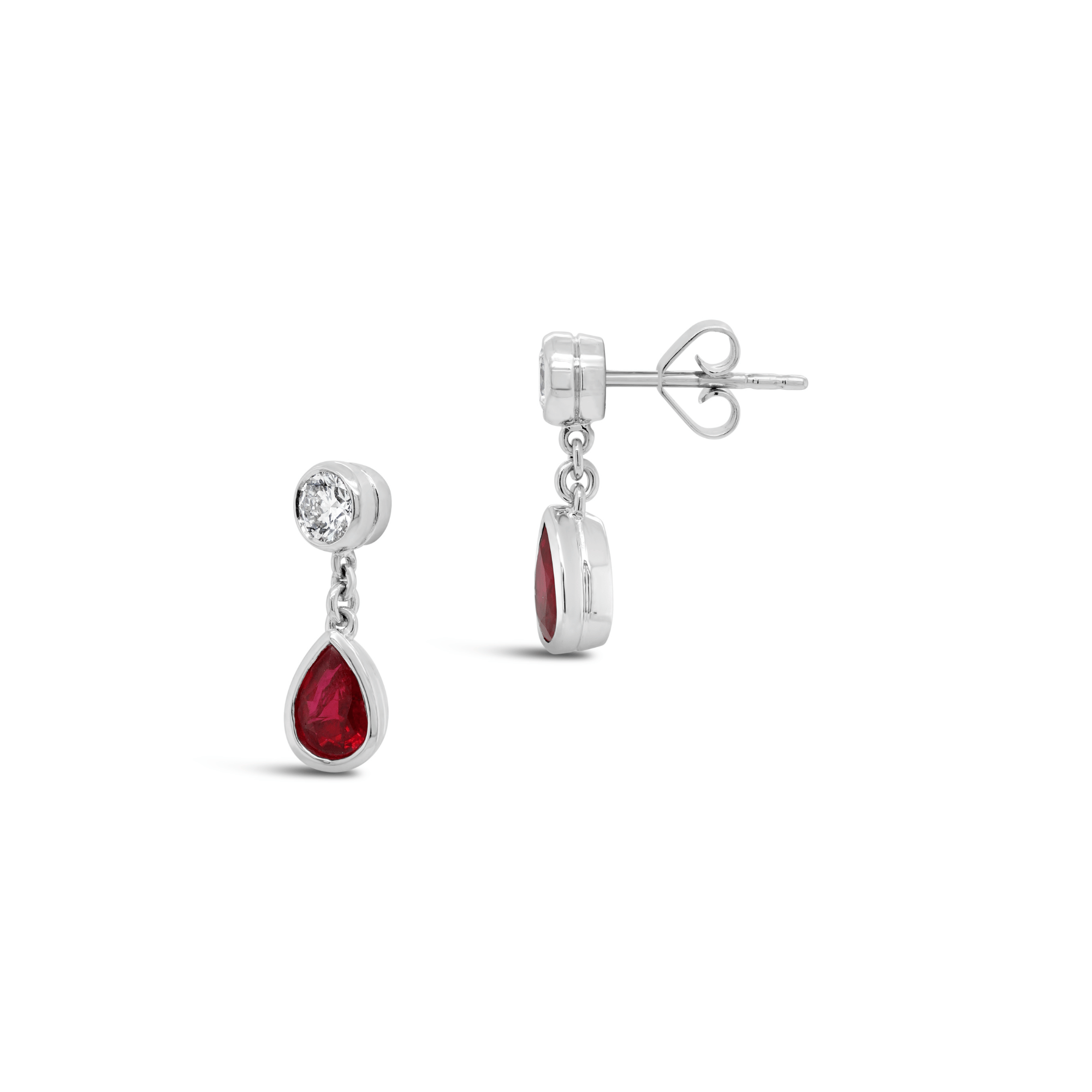 Round brilliant cut diamond and pear cut ruby drop earrings