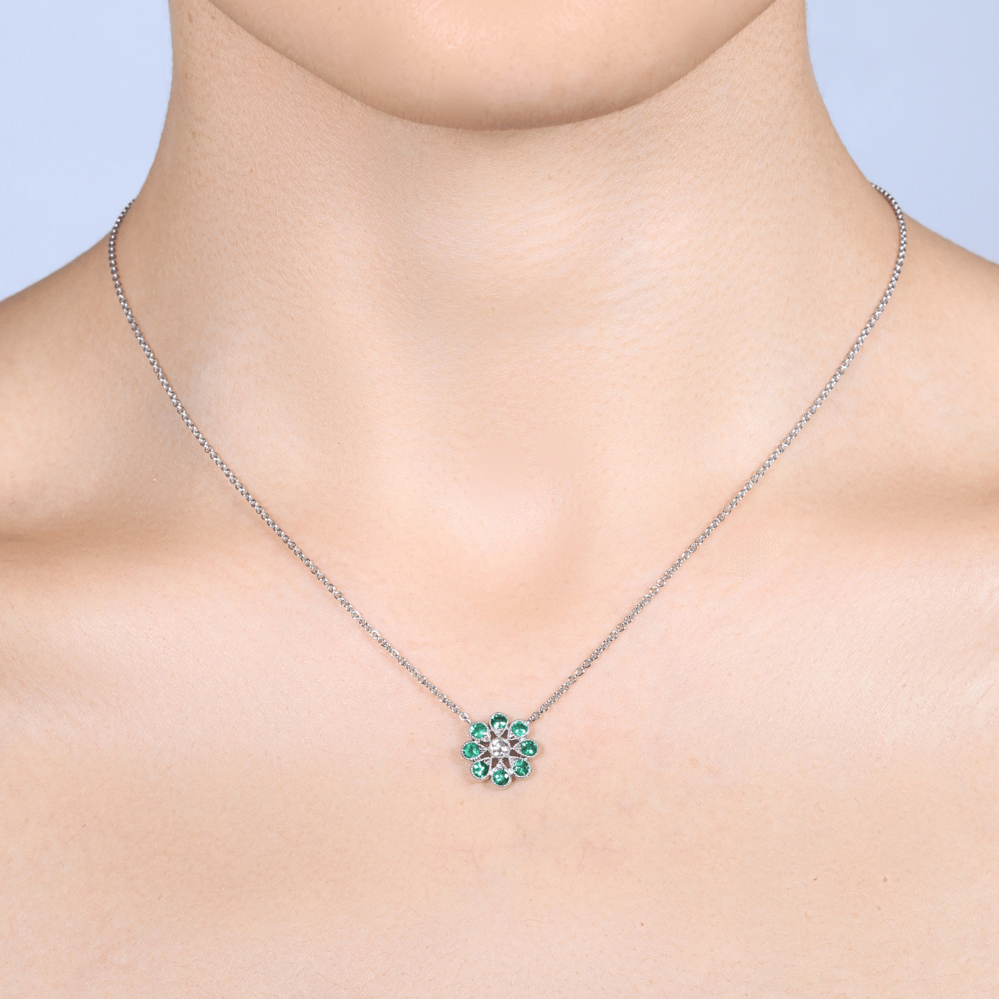 Deco Daisy Large Emerald & Diamond Necklace - 18ct White Gold