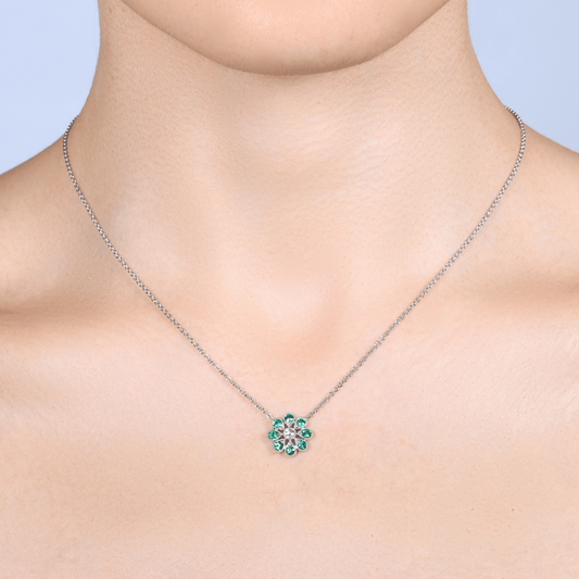 Deco Daisy Large Emerald & Diamond Necklace - 18ct White Gold