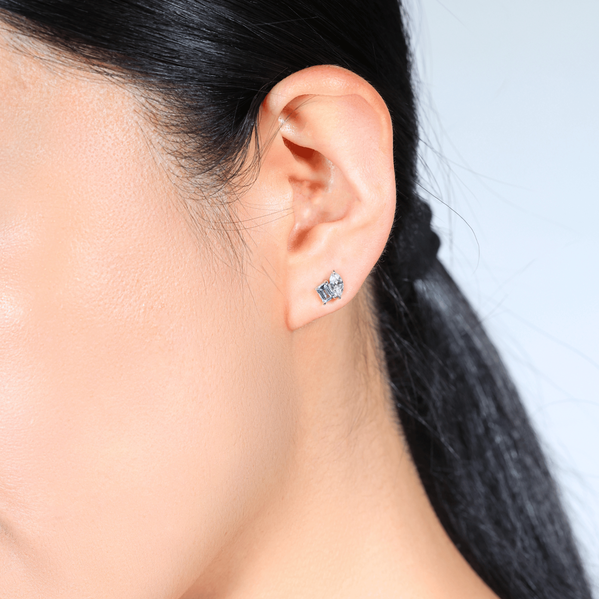 Indra Mixed Cut Earring - Emerald-Cut Aquamarine & Marquise-Cut Diamond
