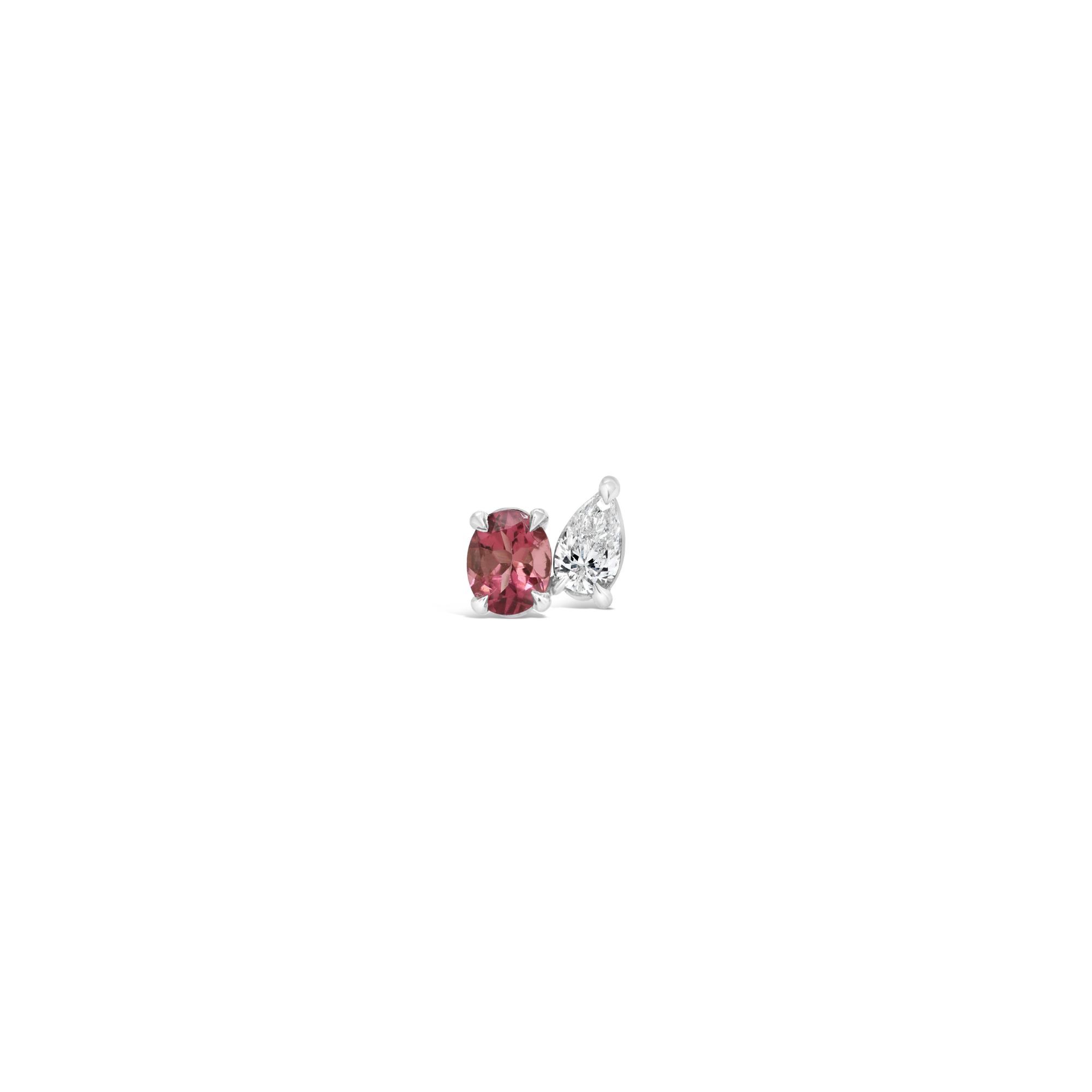 Oval Cut pink tourmaline and pear cut diamond single earring