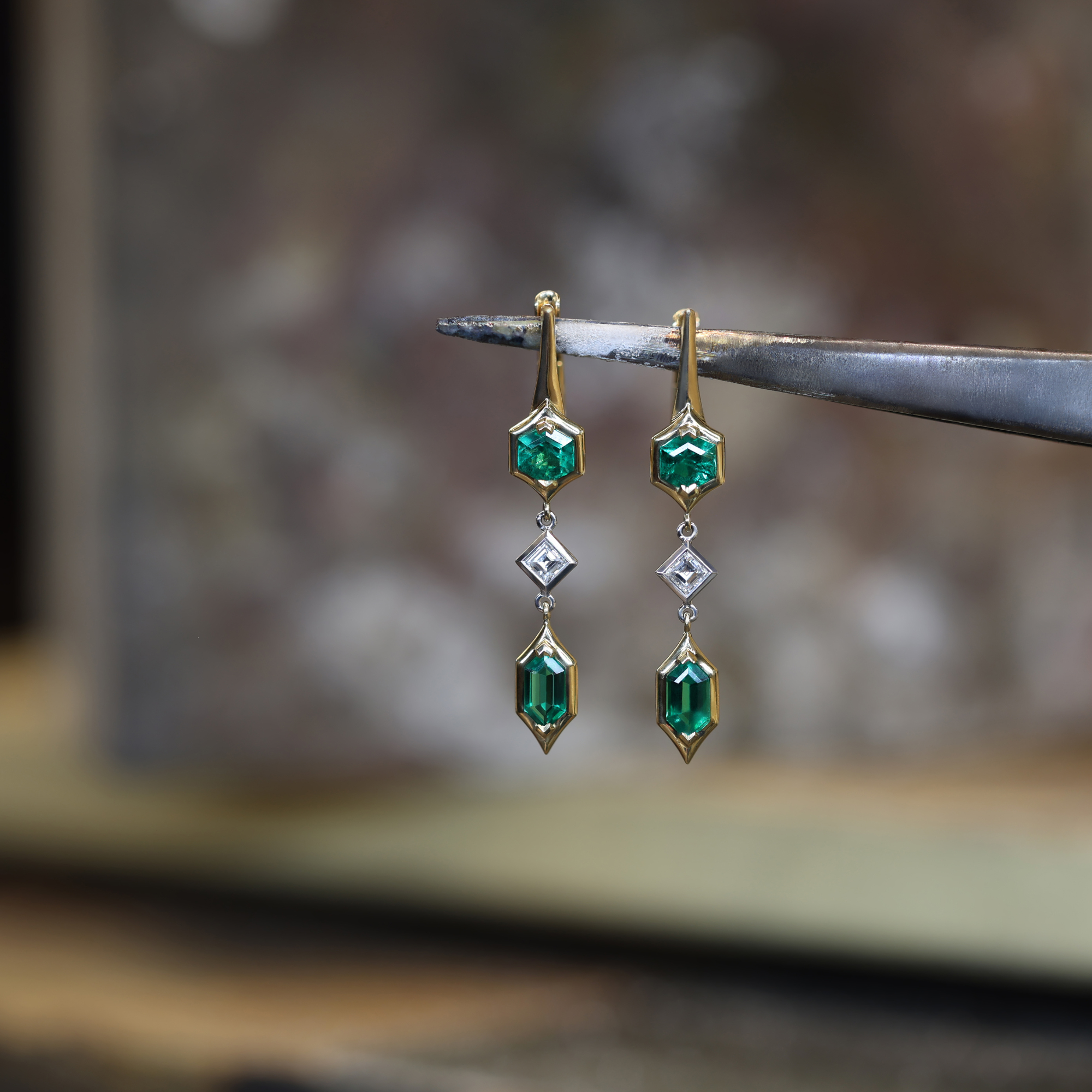 Green Emerald & Diamond Earrings Yellow Gold