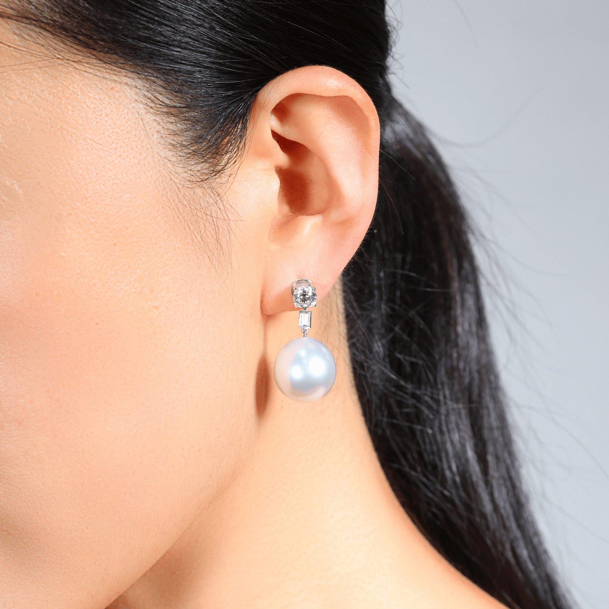 Baguette Diamond with Baroque Australian South Sea Pearl Jacket Earrings