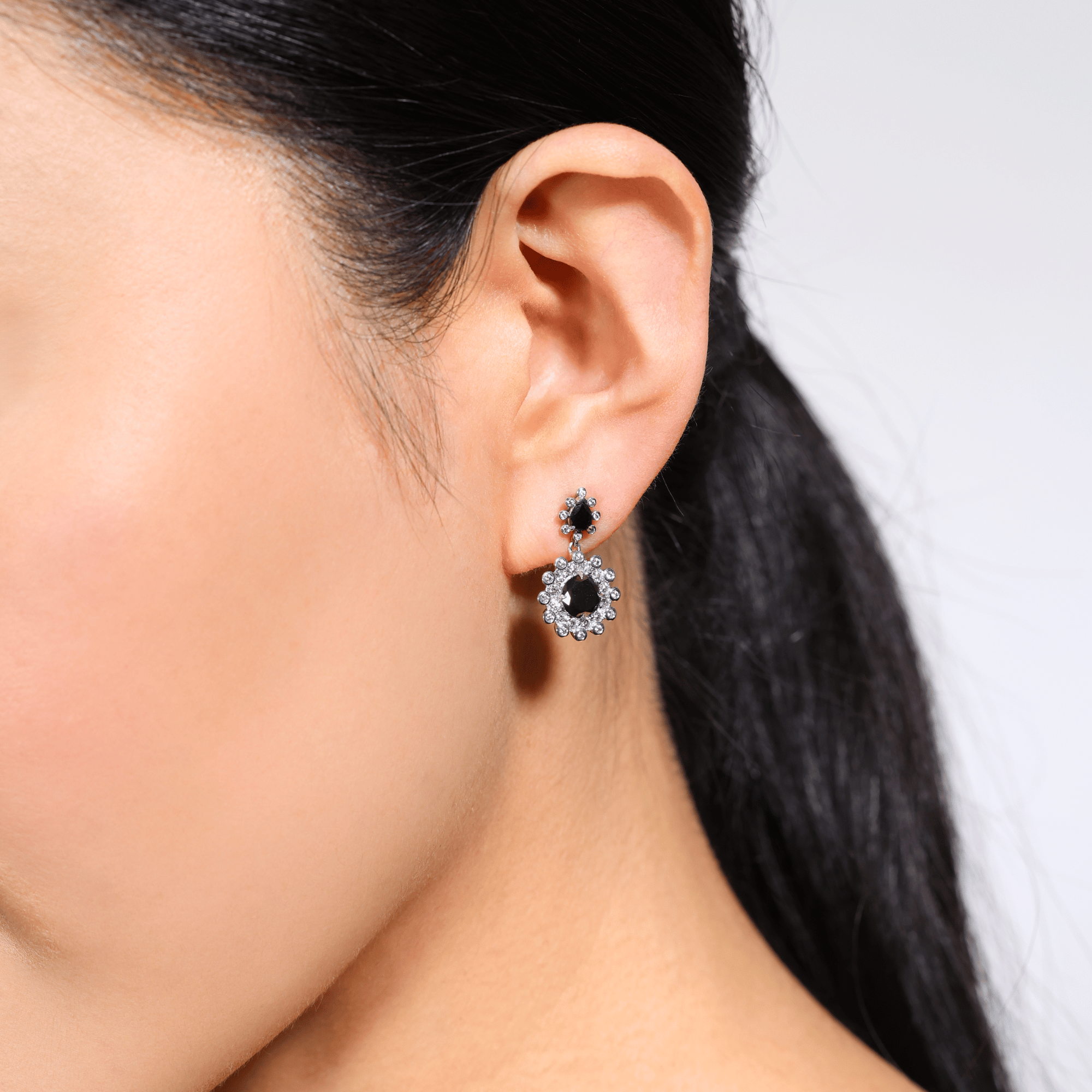 Black diamond and white diamond drop earrings