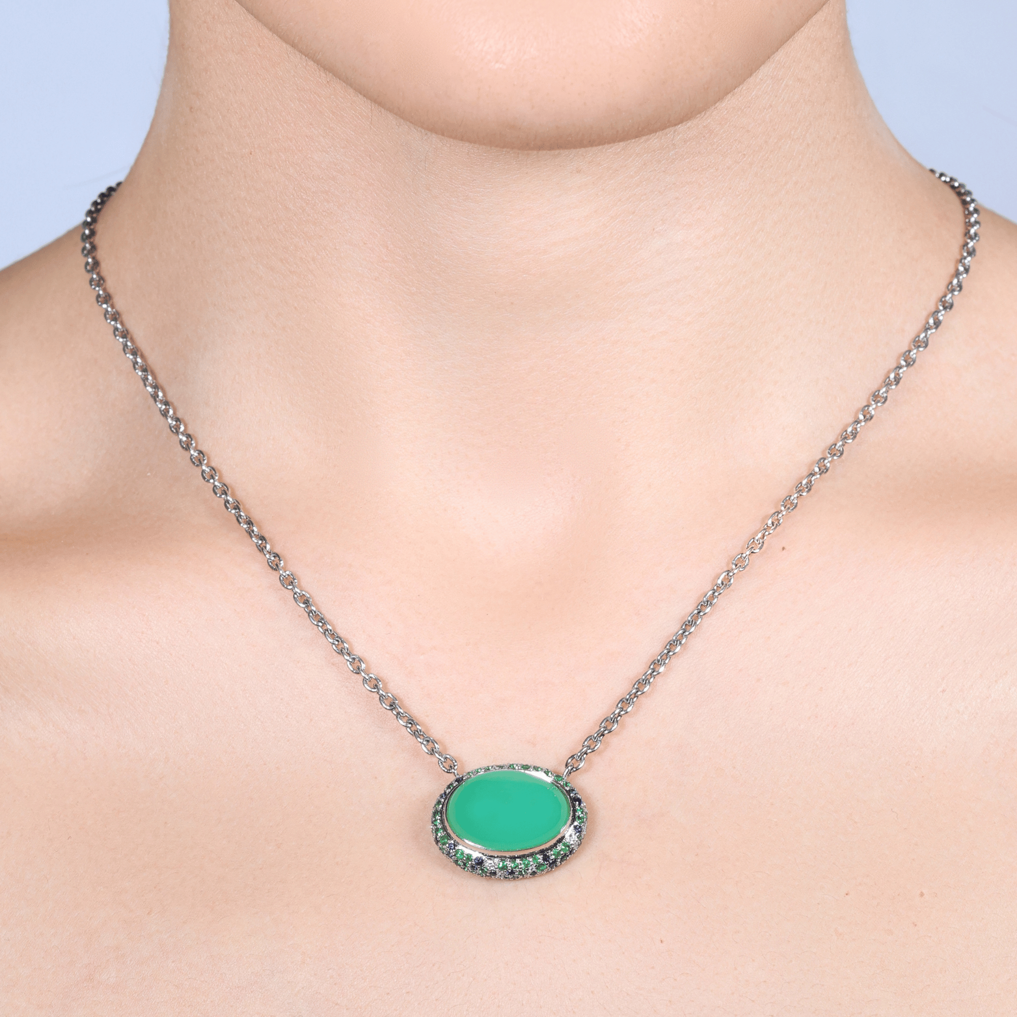 Australian Chrysoprase Cabochon & Snow Pavé  Tsavorite Garnet, Ceylon Sapphire & Diamond Pendant