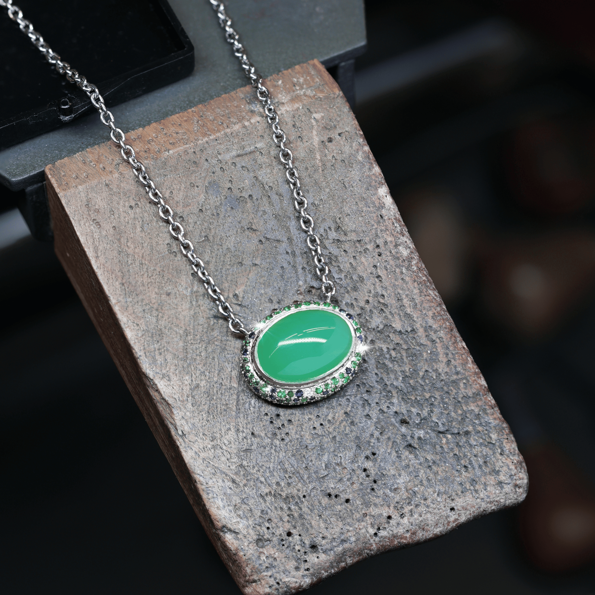 Australian Chrysoprase Cabochon & Snow Pavé Tsavorite Garnet, Ceylon Sapphire & Diamond Pendant