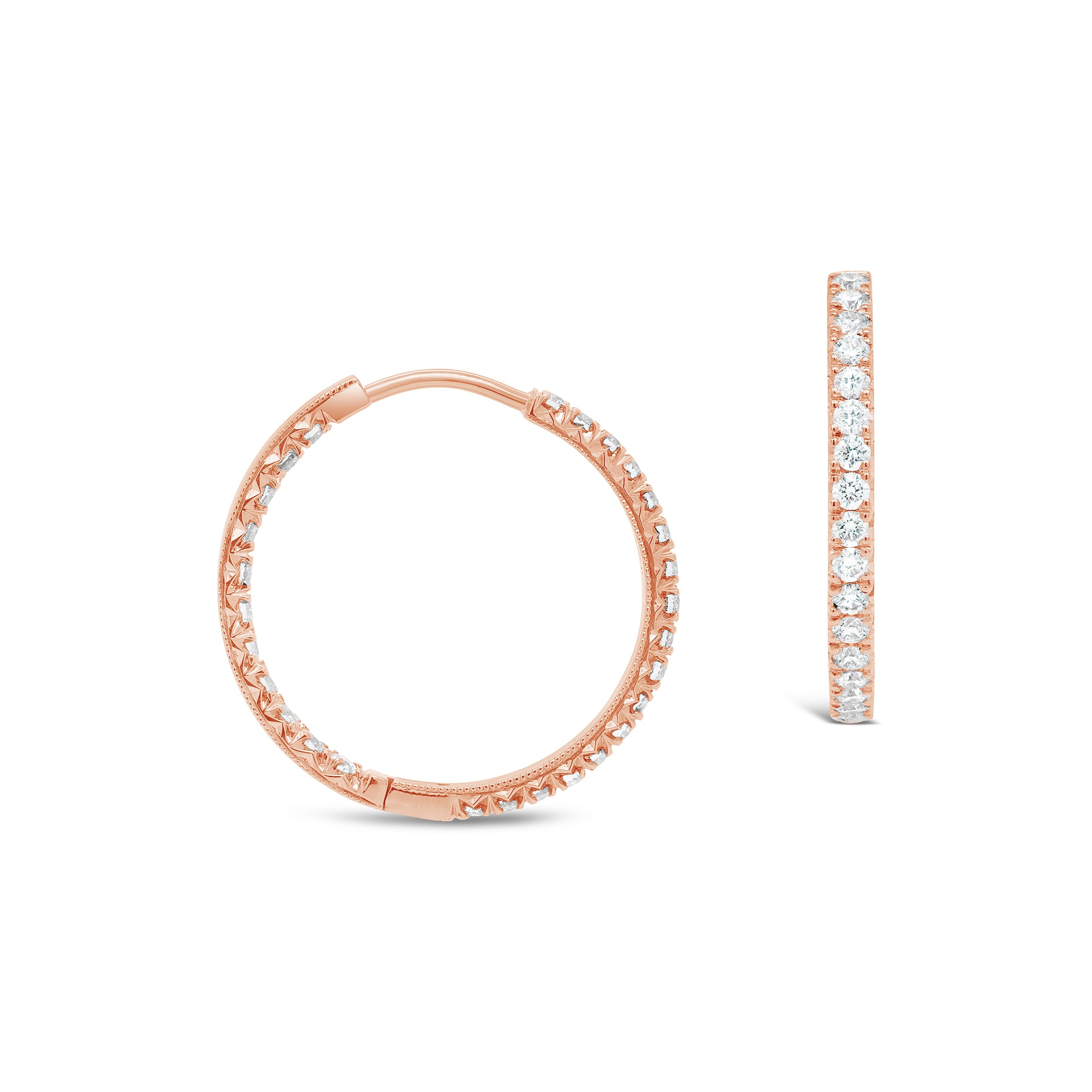 Dovetail-set Round Brilliant Cut Diamond Hoop Earrings - 18ct Rose Gold