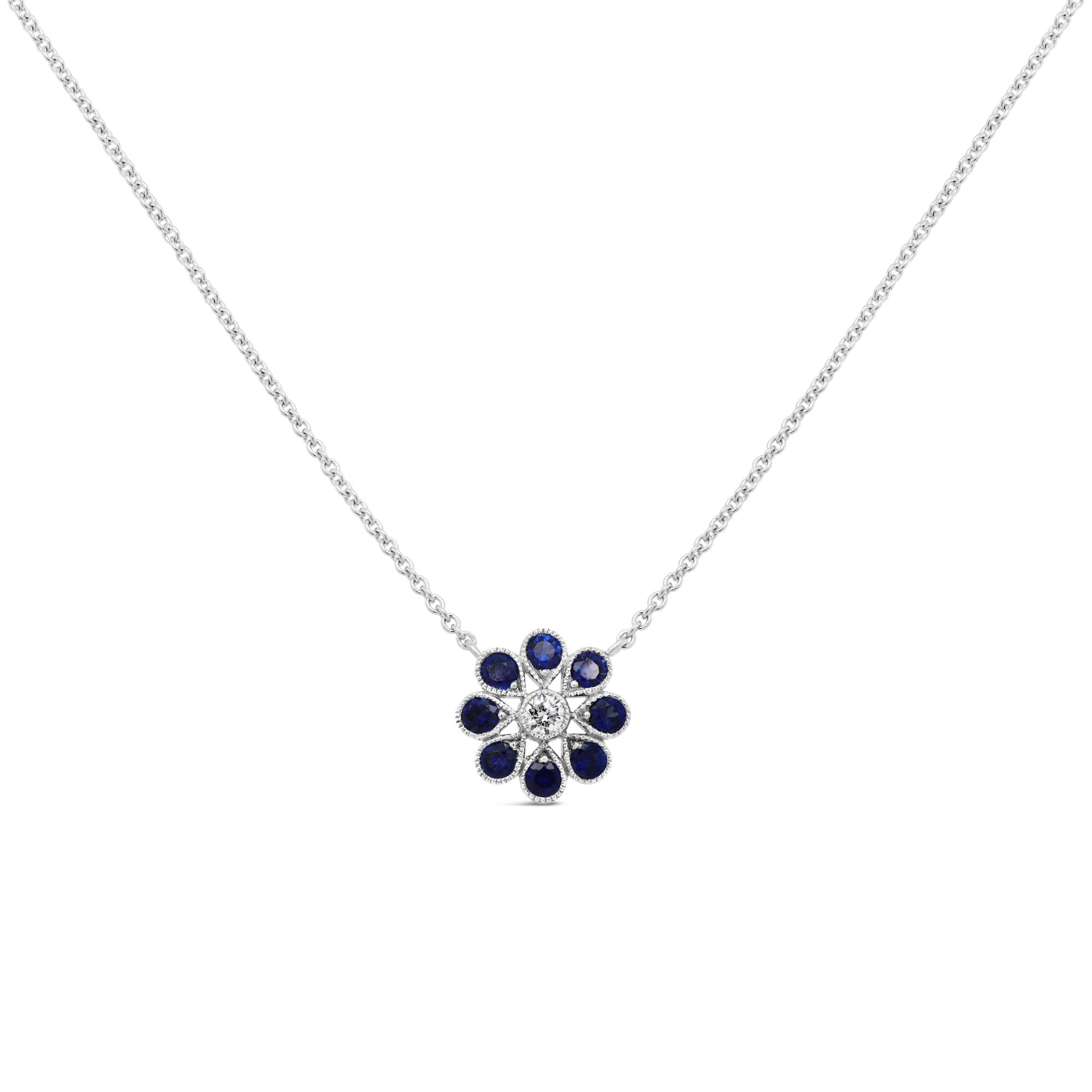 Flower Necklace Blue Sapphire Diamond White Gold