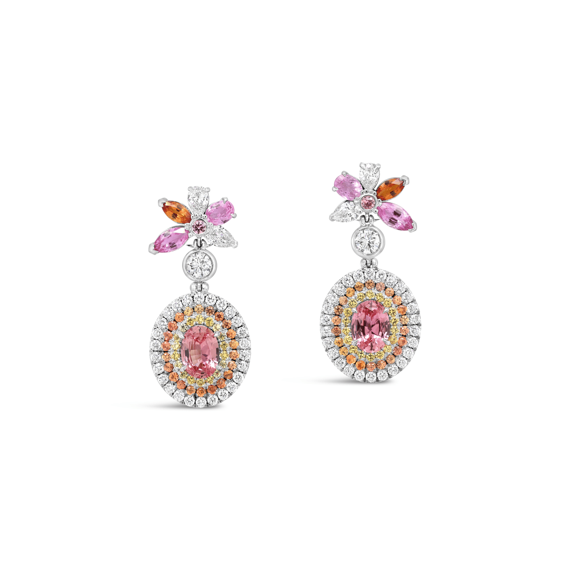 Padparadscha sapphire, pink, orange, and yellow sapphire and diamond earrings