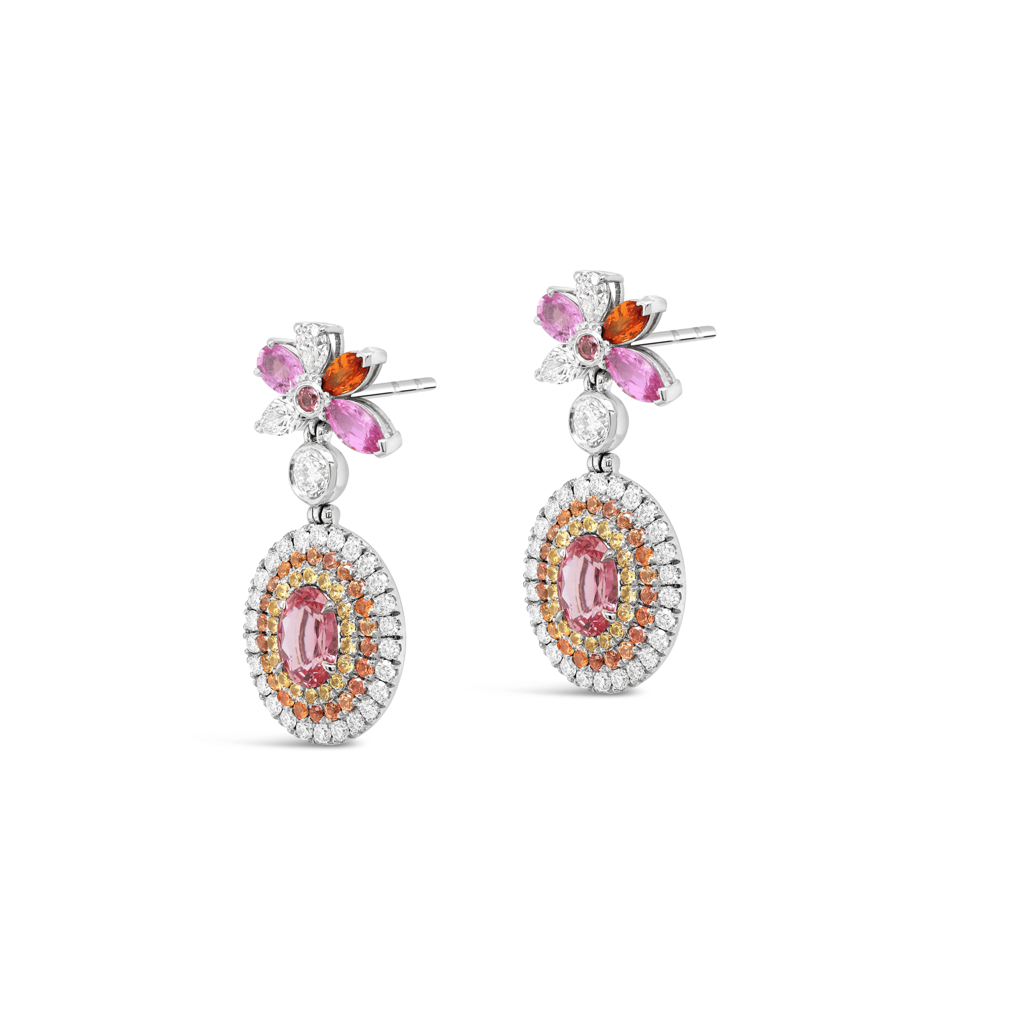 Padparadscha sapphire, pink, orange, and yellow sapphire and diamond earrings