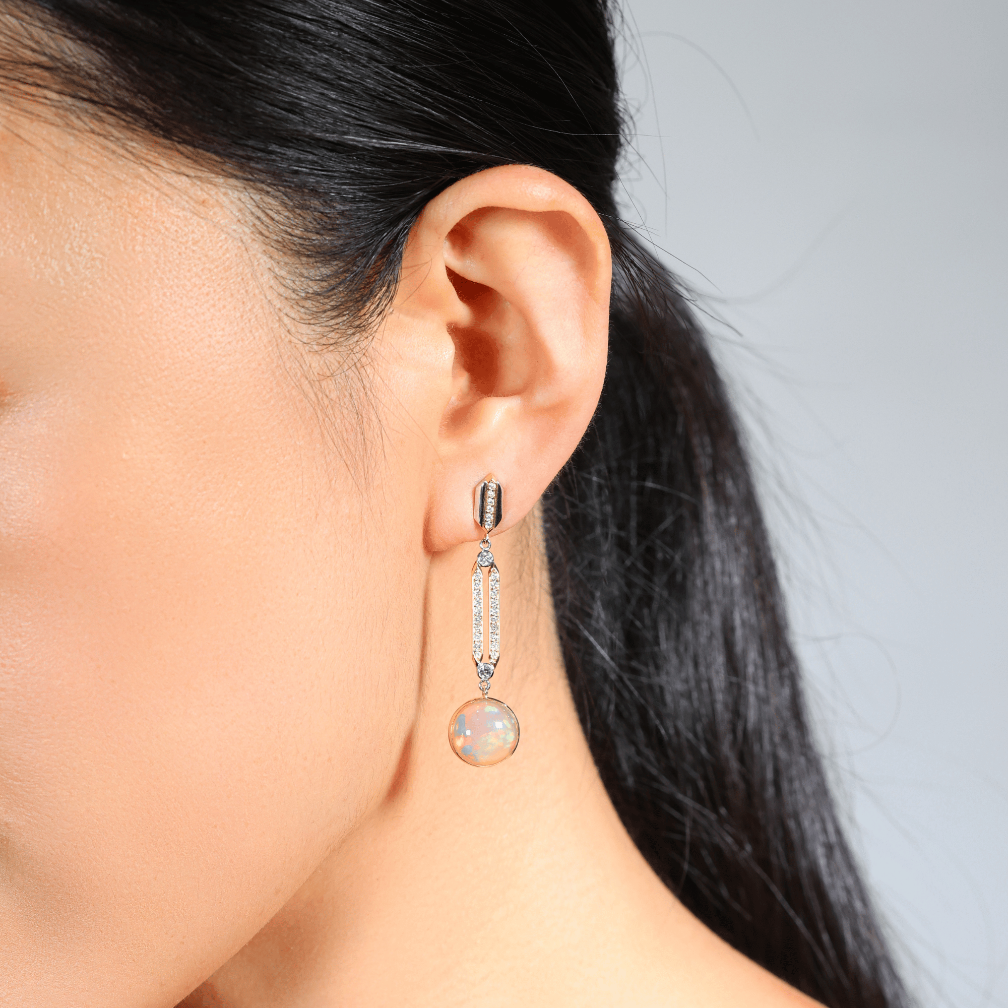 Round Brilliant Cut Diamond & Ethiopian Opal Drop Earrings