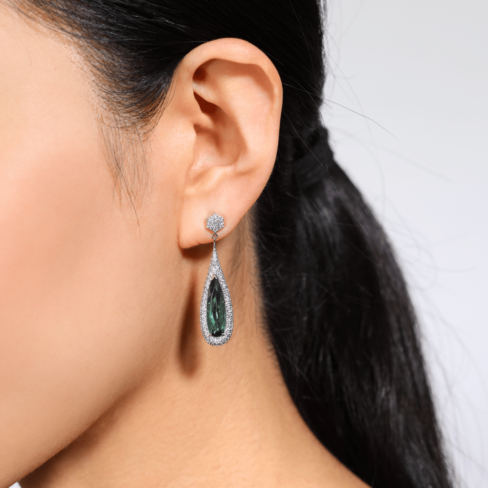 Green Tourmaline & Pavé Set Diamond Drop Earrings