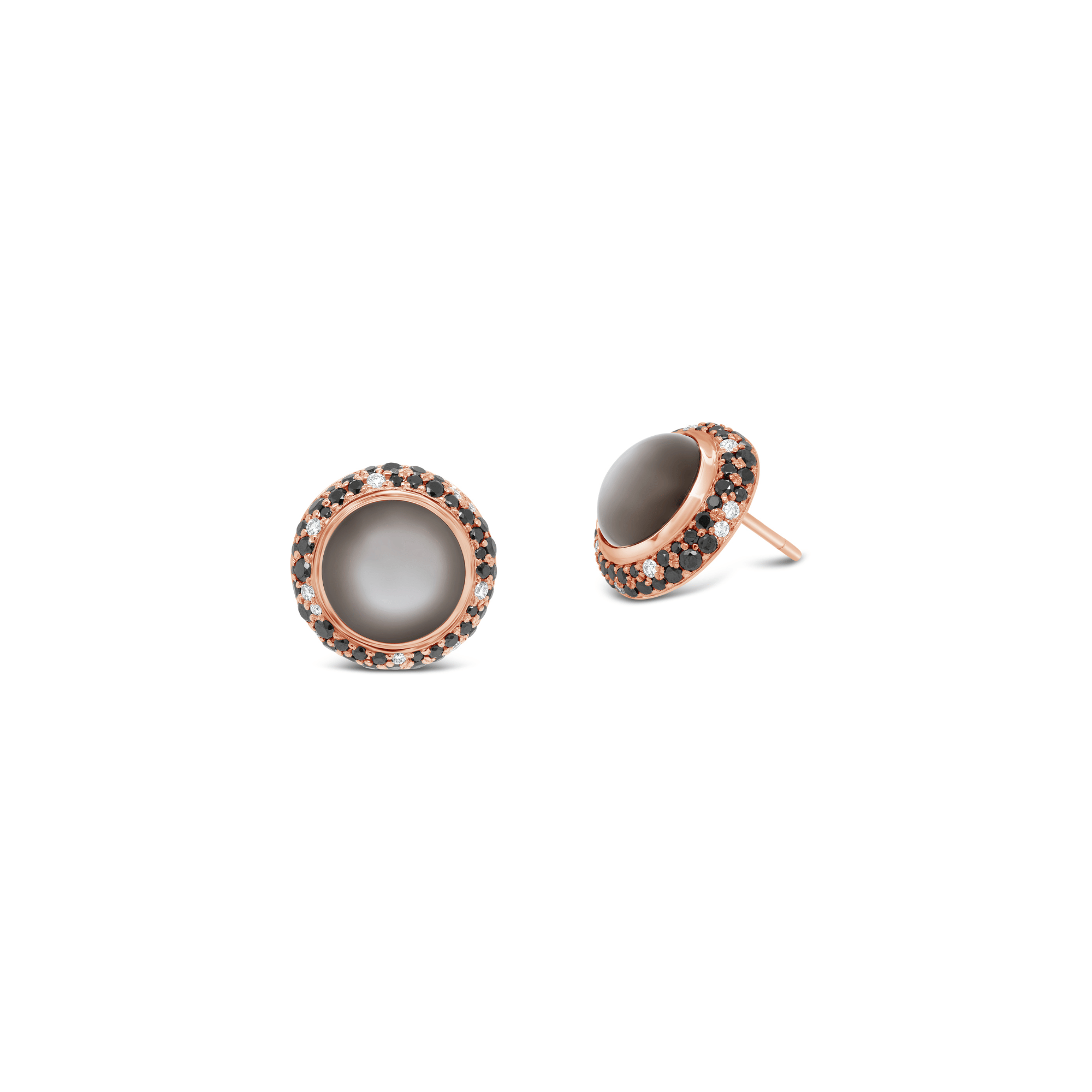 Bezel Set Cabochon Grey Moonstone & Black Diamond Earrings