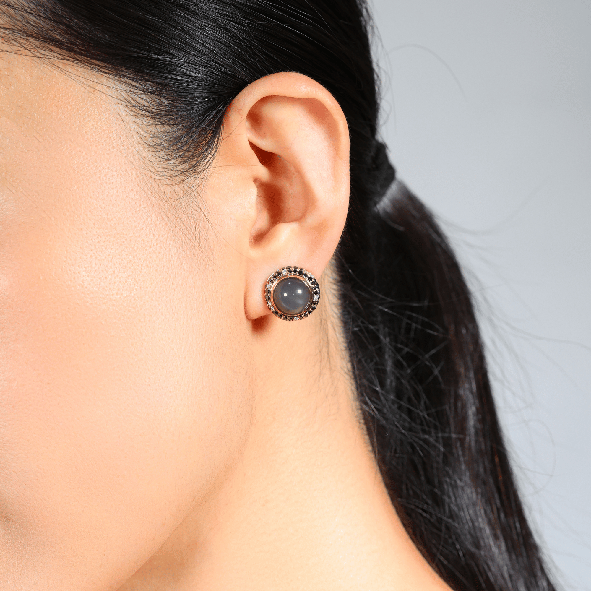 Cabochon Grey Moonstone & Black Diamond Earrings