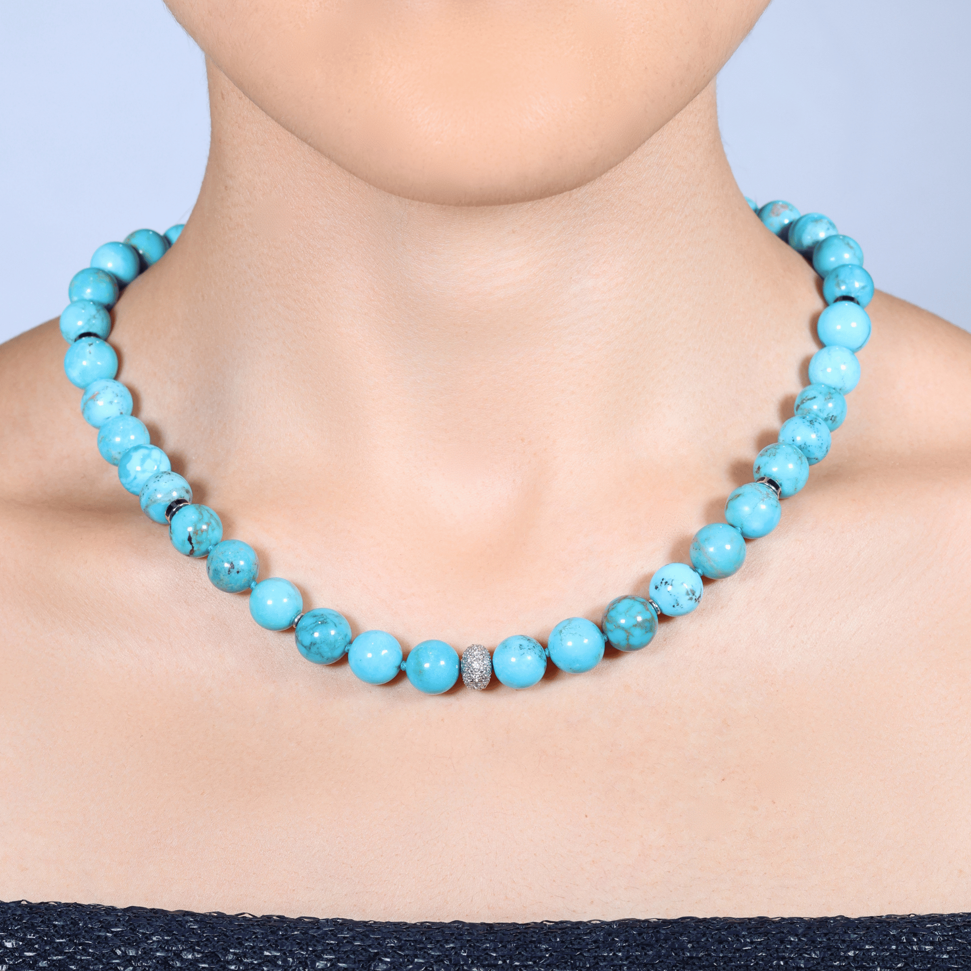 Natural Matrix Turquoise, Diamond & Enamel Beaded Necklace