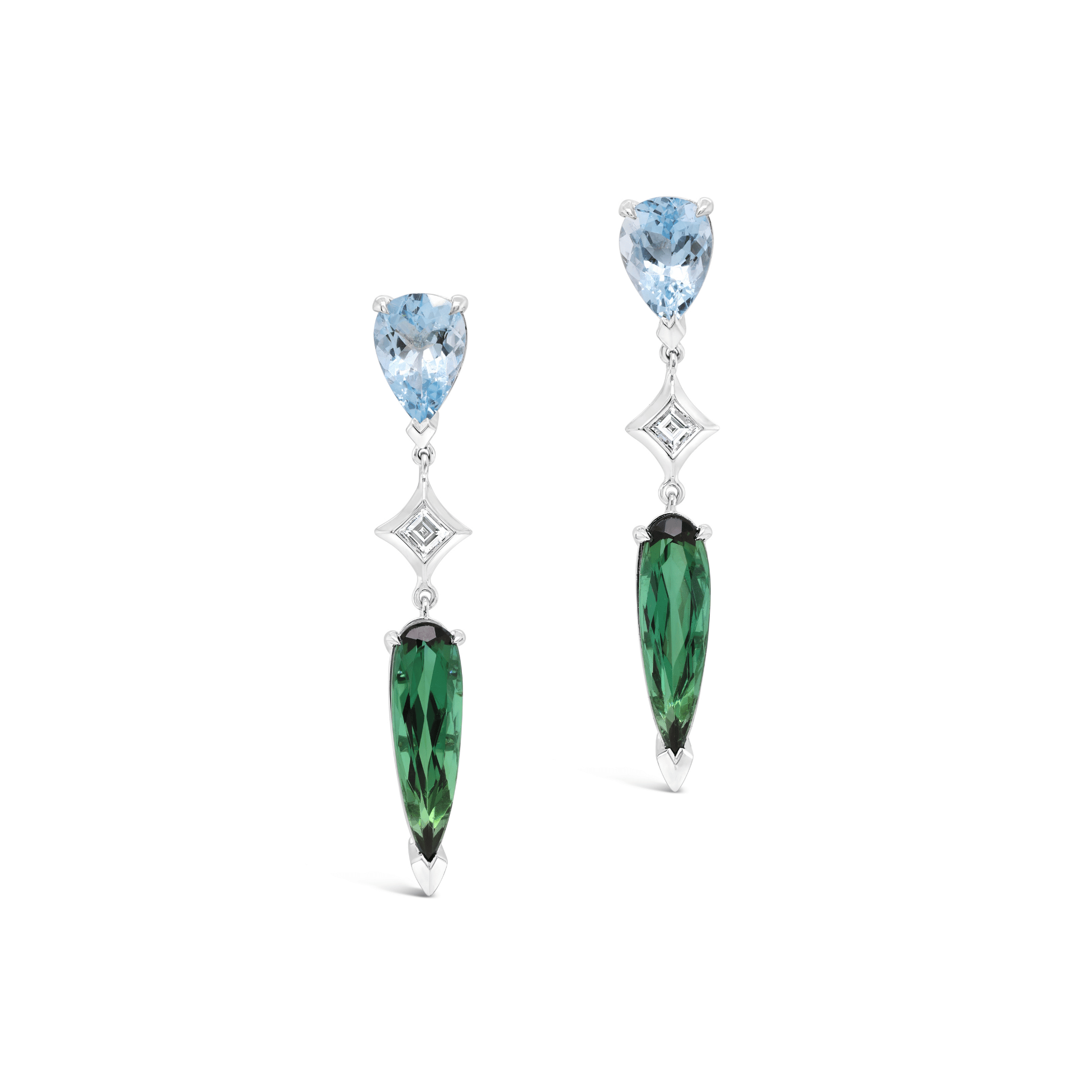 Ginan Aquamarine, Green Tourmaline & Carre Cut Diamond Drop Earrings