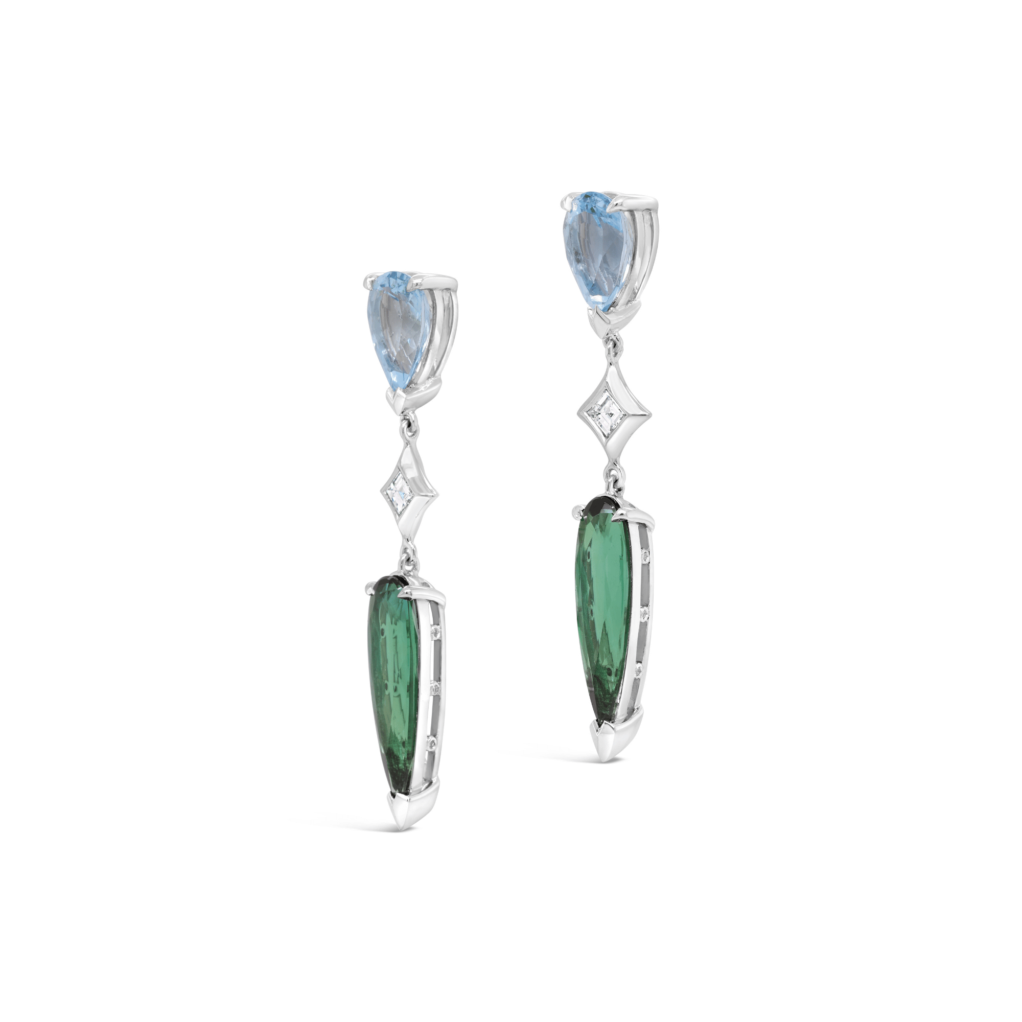 Ginan Aquamarine, Green Tourmaline & Carre Cut Diamond Drop Earrings