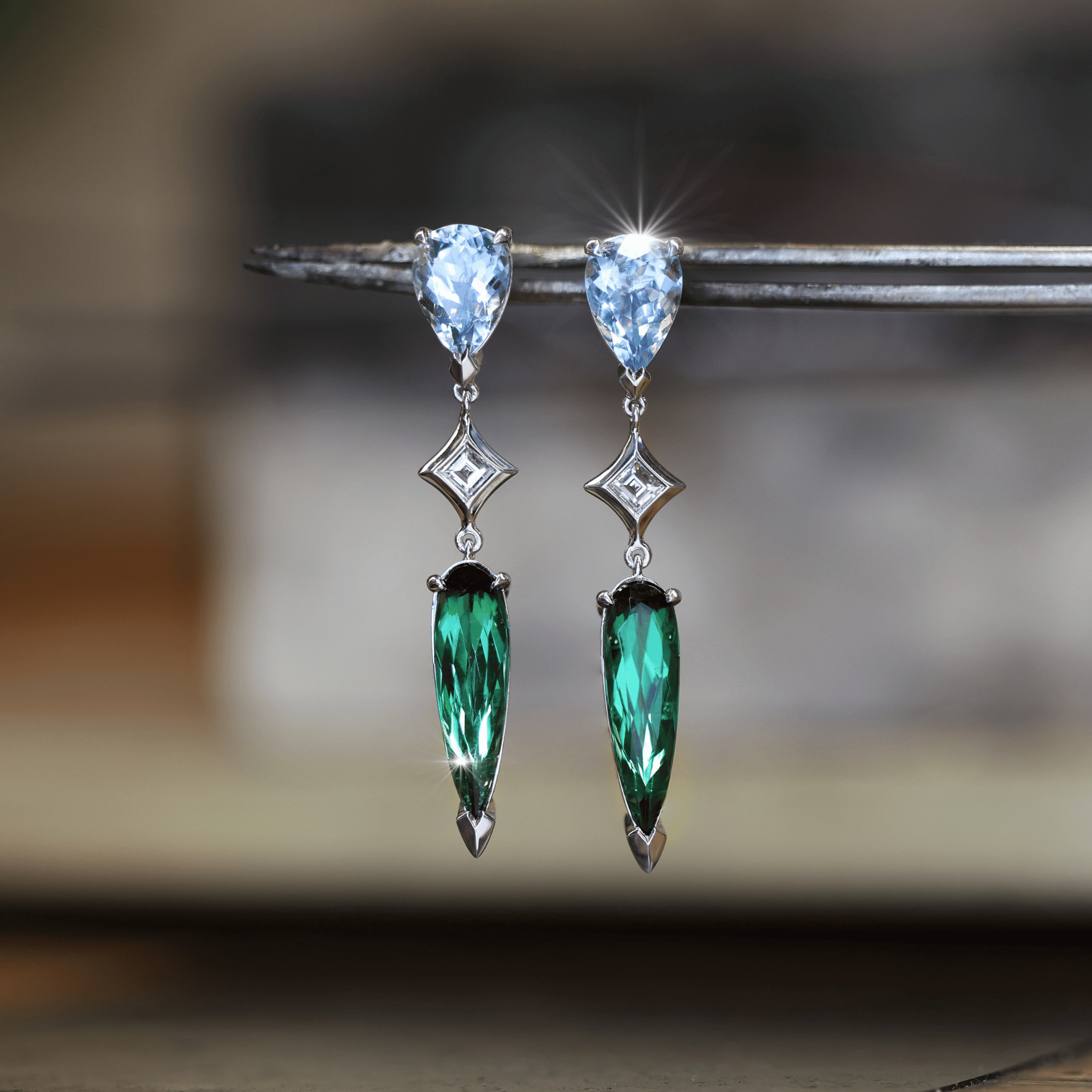 Ginan Aquamarine, Green Tourmaline & Carre Cut Diamond Drop Earrings