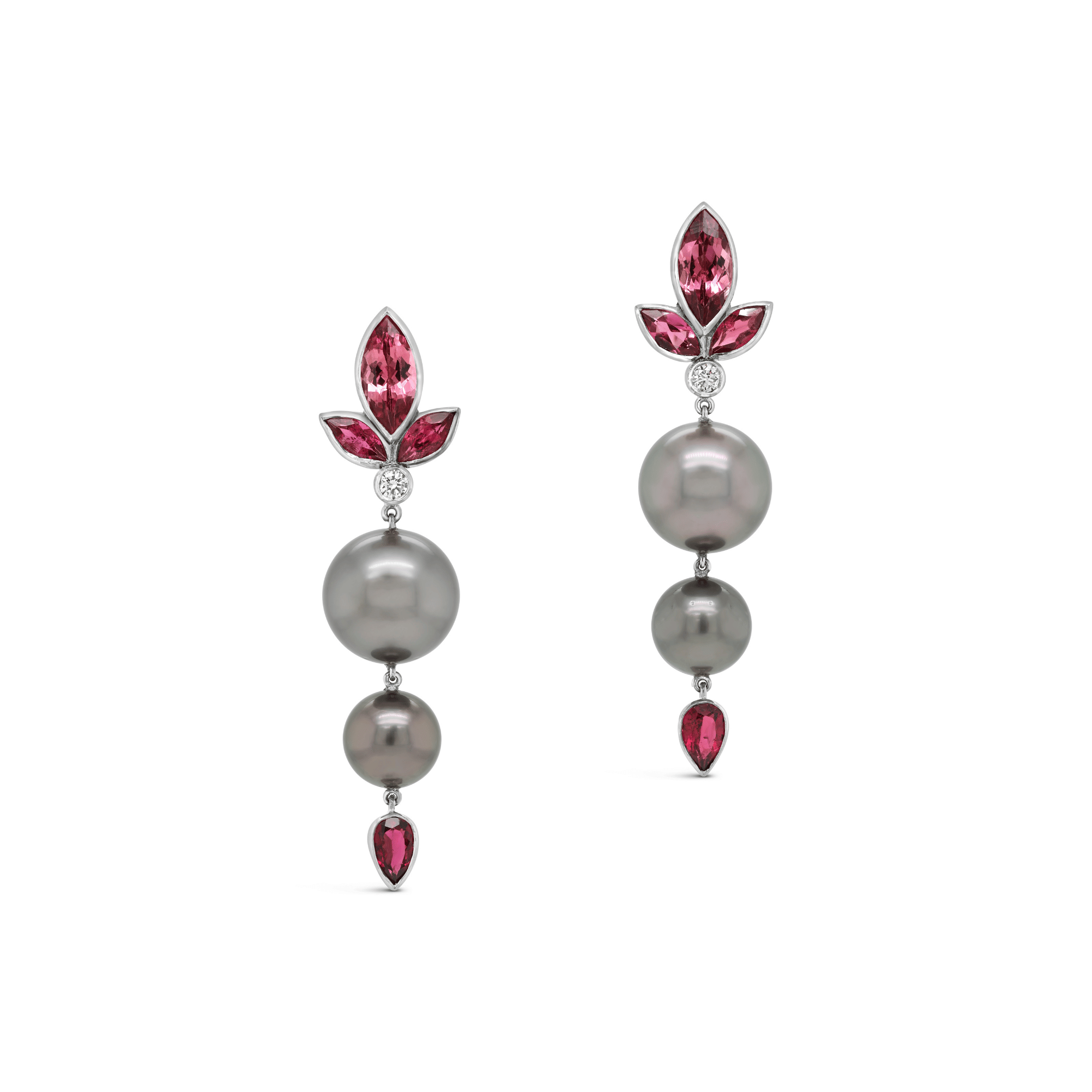 Double Drop Tahitian Pearl, Pink Tourmaline & Diamond Maimiti Earrings