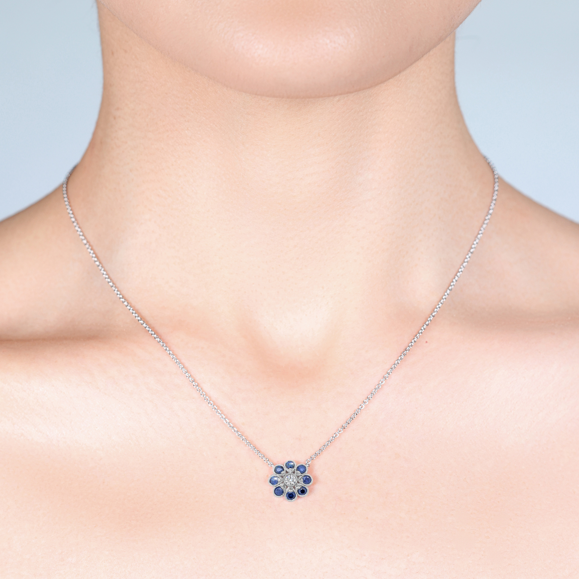 Deco Daisy Large Ceylon Sapphire & Diamond Necklace - 18ct White Gold