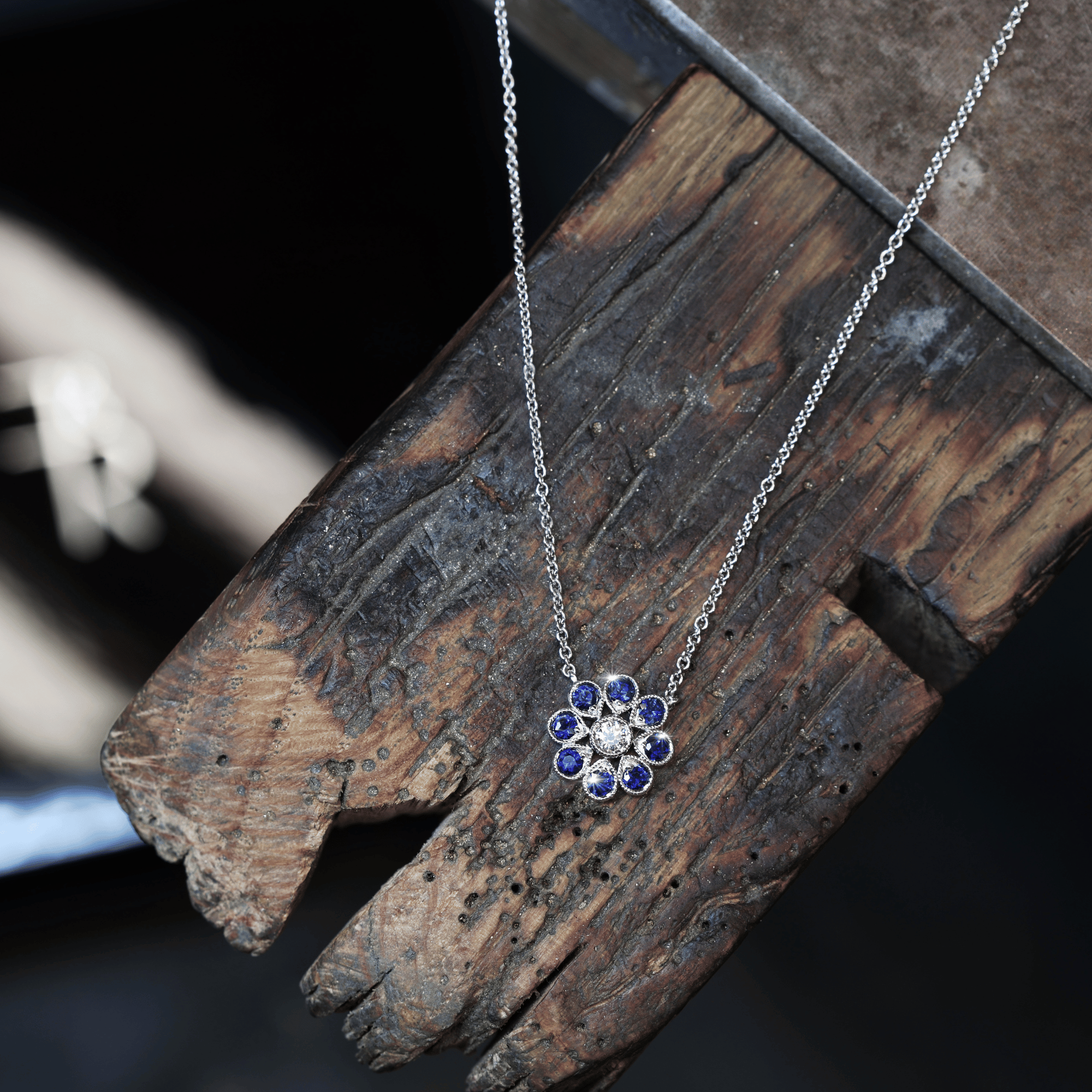 Deco Daisy Large Ceylon Sapphire & Diamond Necklace - 18ct White Gold