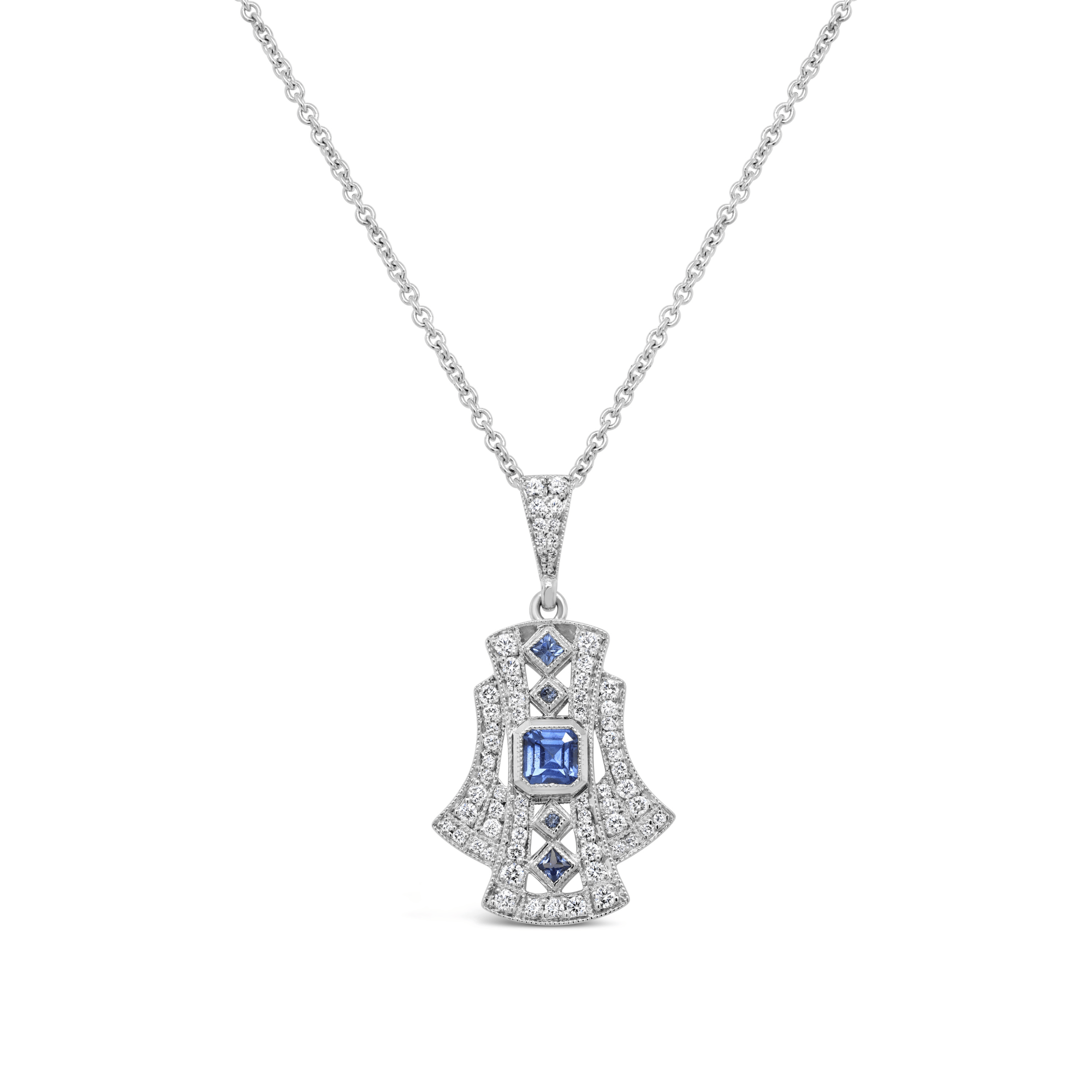 Antique Romance Ceylon Blue Sapphire & Diamond Pendant Necklace