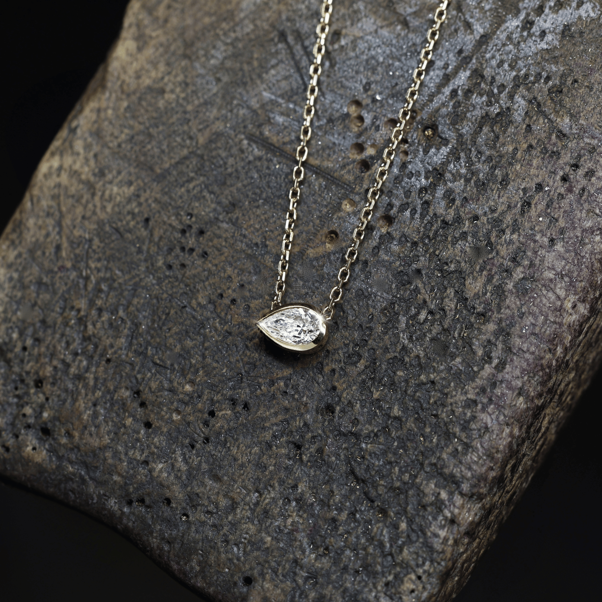 Bezel Set Pear Cut Diamond Slider Necklace - 18ct Yellow Gold