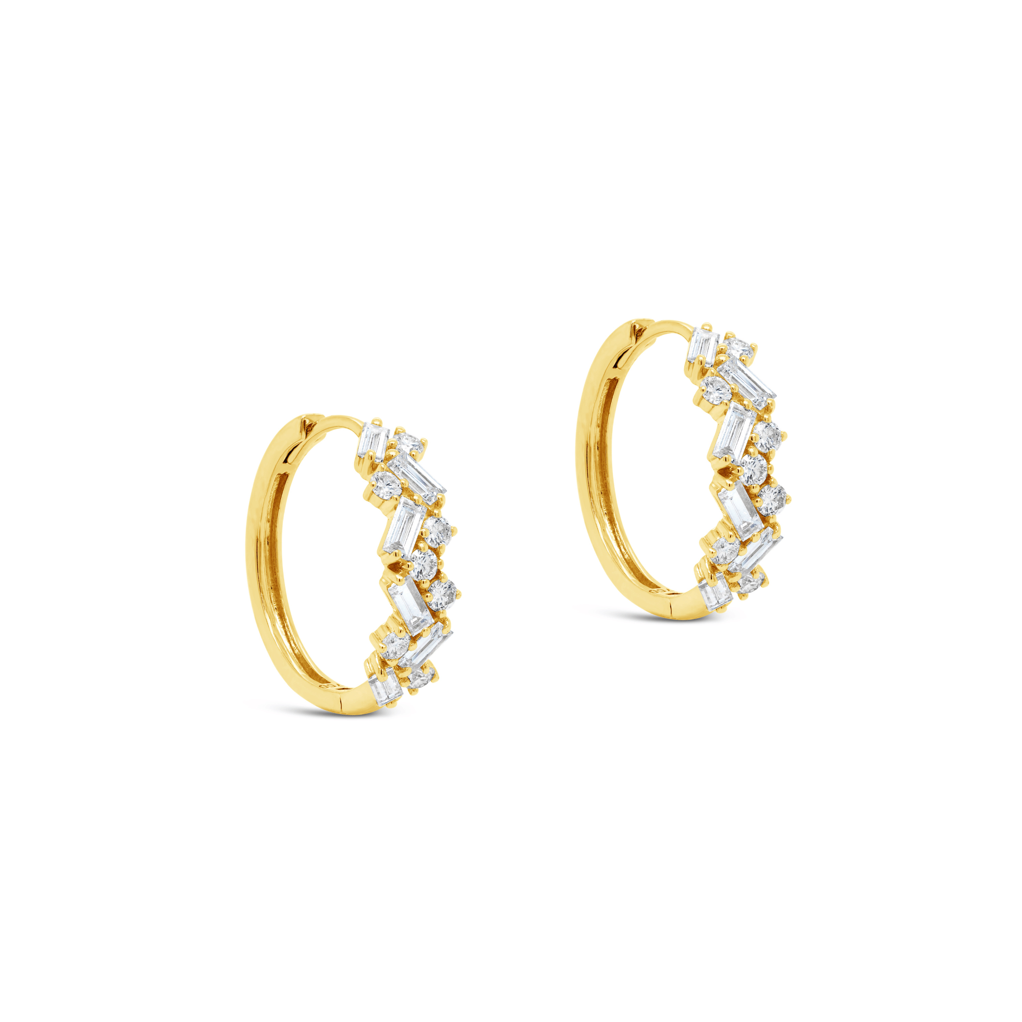 Baguette & Round Brilliant Cut Diamond Hoop Earrings Gold 
