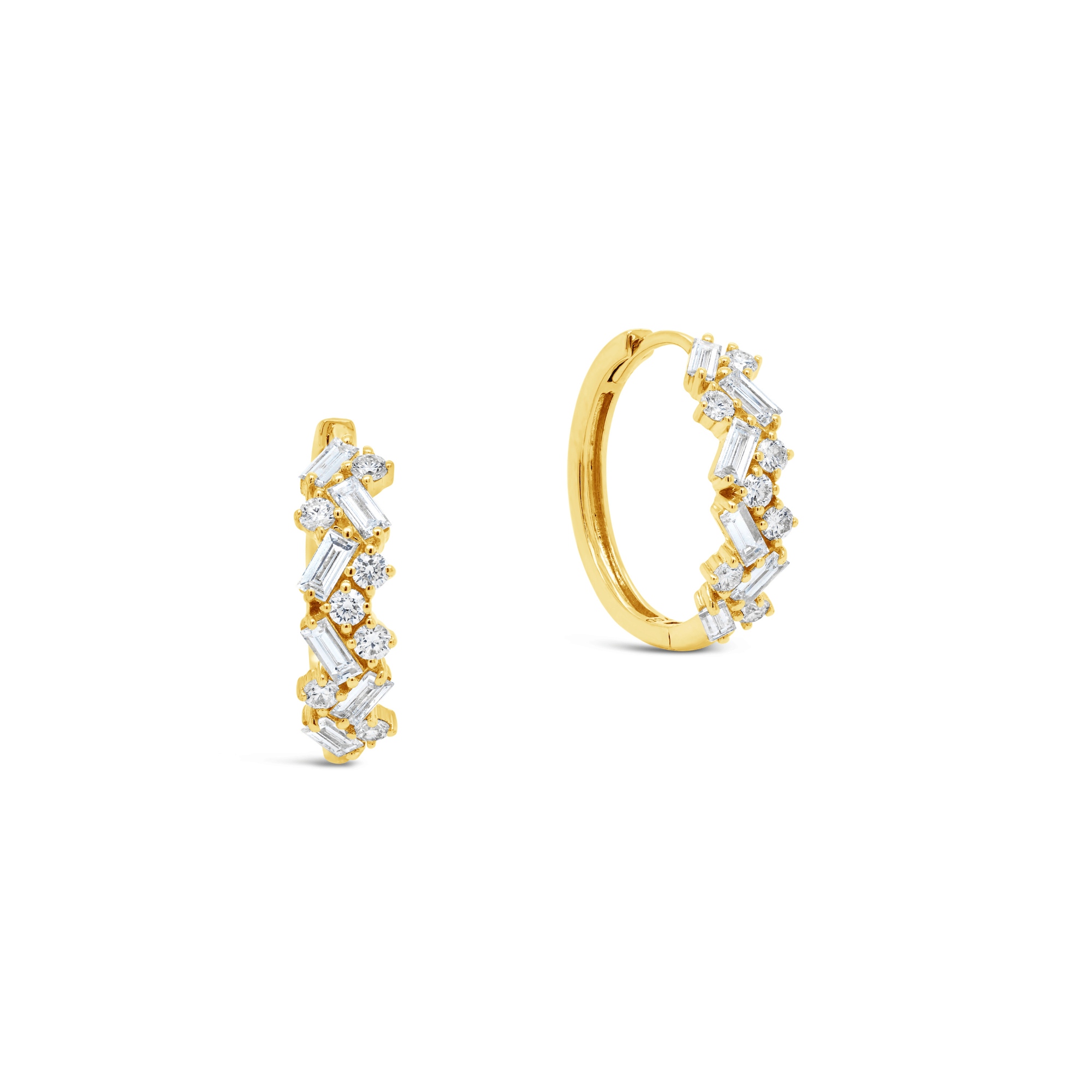 Baguette & Round Brilliant Cut Diamond Hoop Earrings Gold 