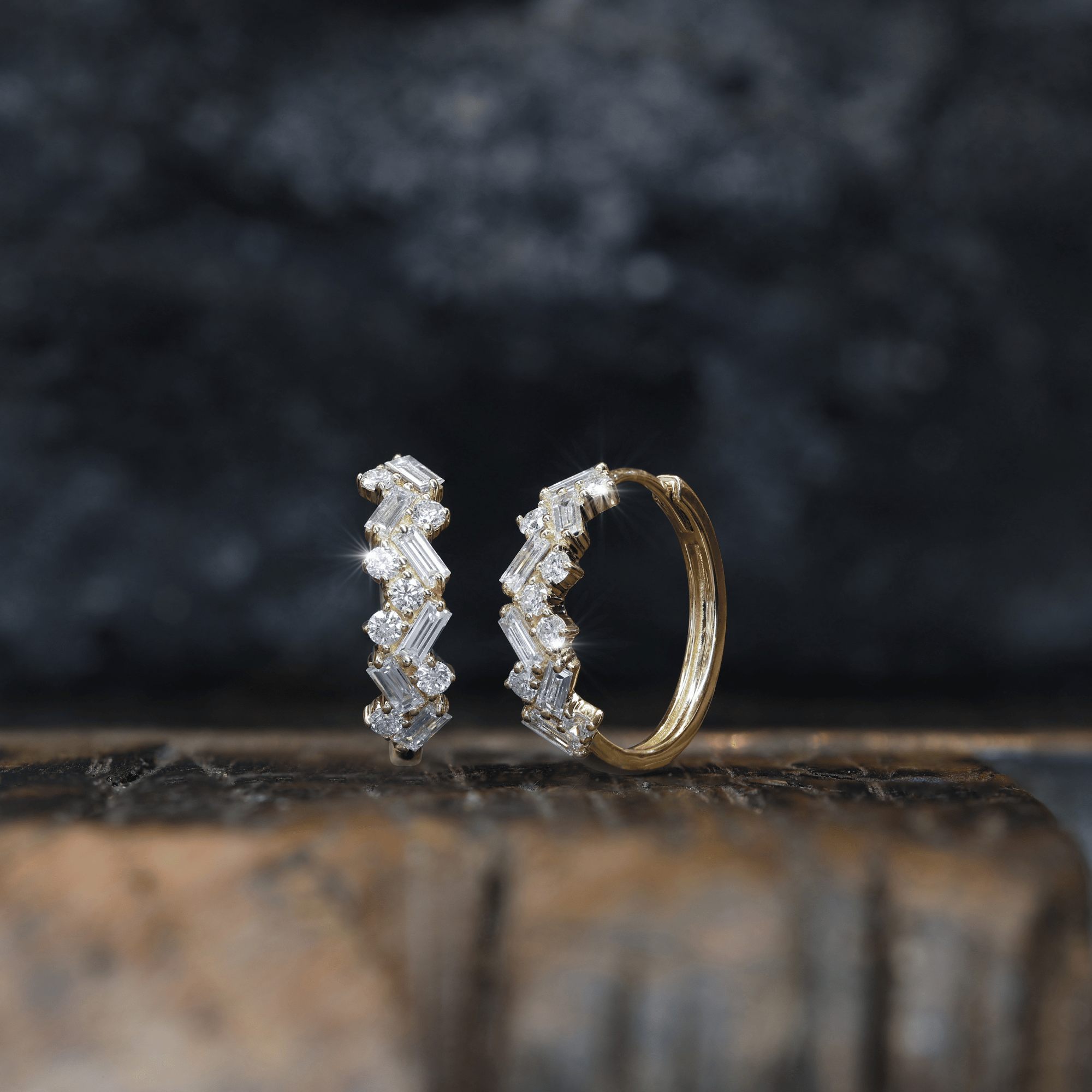 Baguette & Round Brilliant Cut Diamond Hoop Earrings Gold 