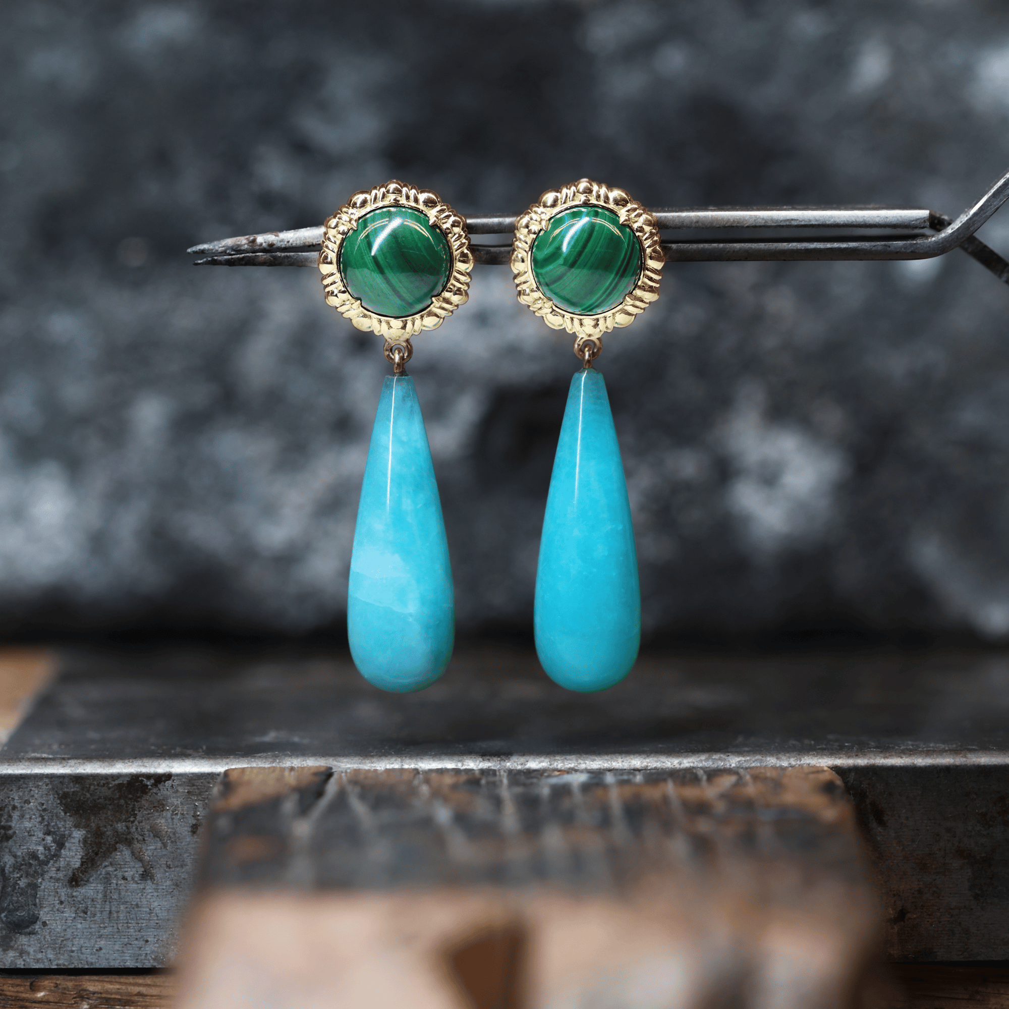 Malachite & Amazanite Lapis Cabochon Gemstone Drop Earrings for Women