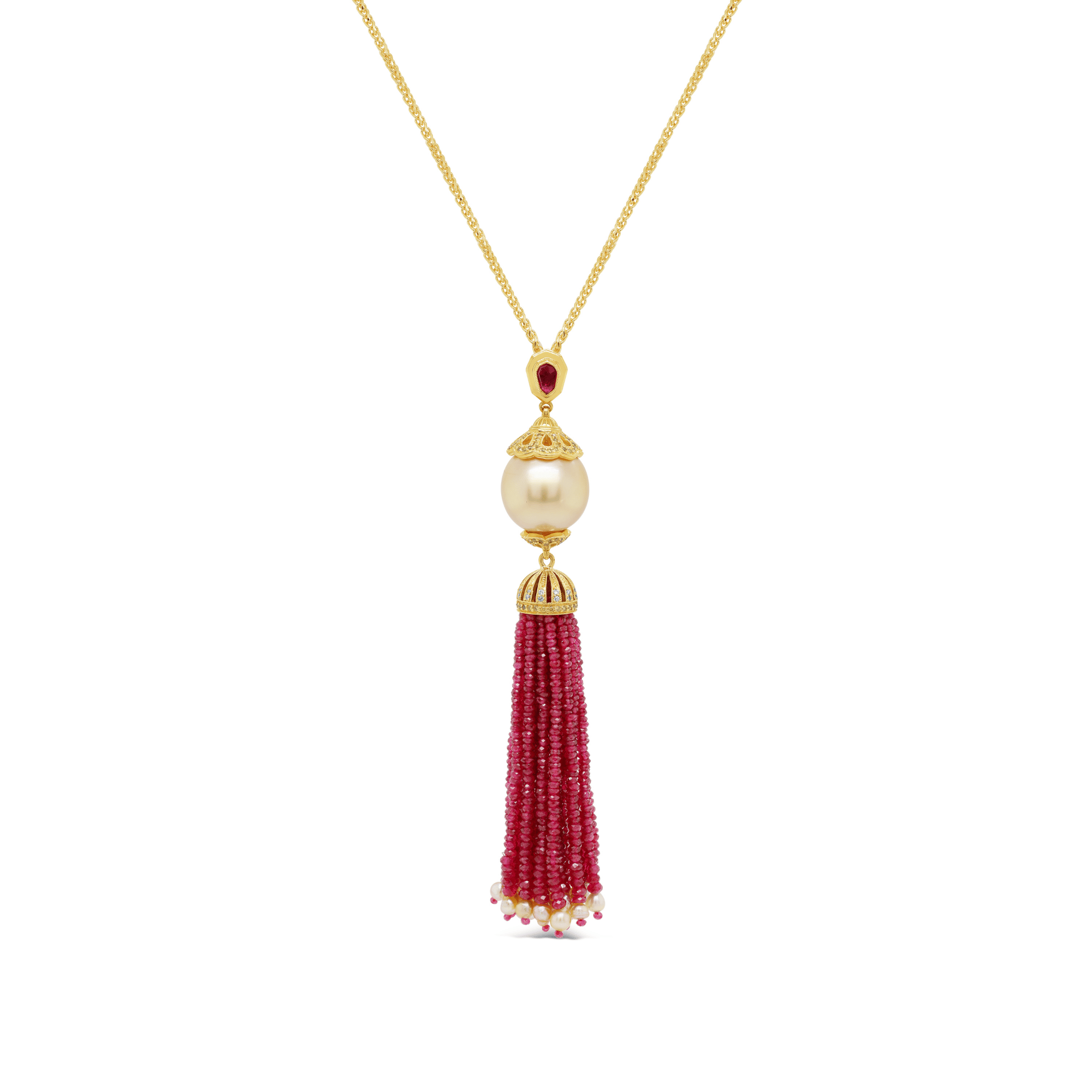 Ruby, Diamond & Gold South Sea Pearl Tassel Necklace