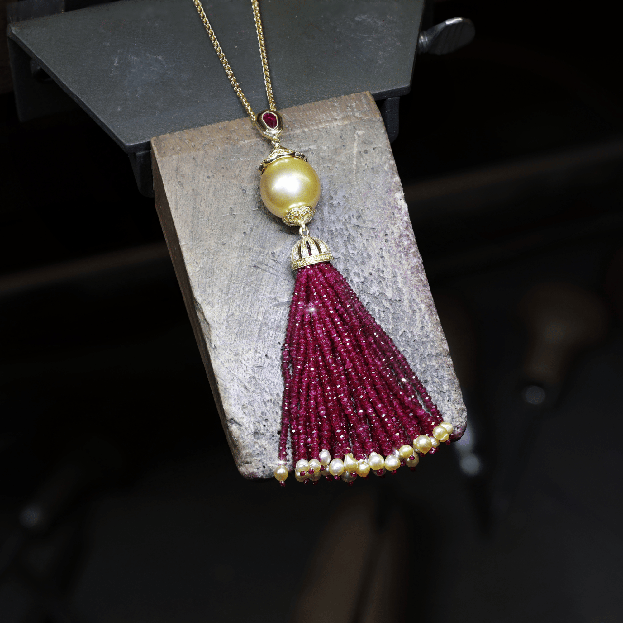 Ruby, White & Yellow Diamond & Gold South Sea & Keshi Pearl Tassel Necklace