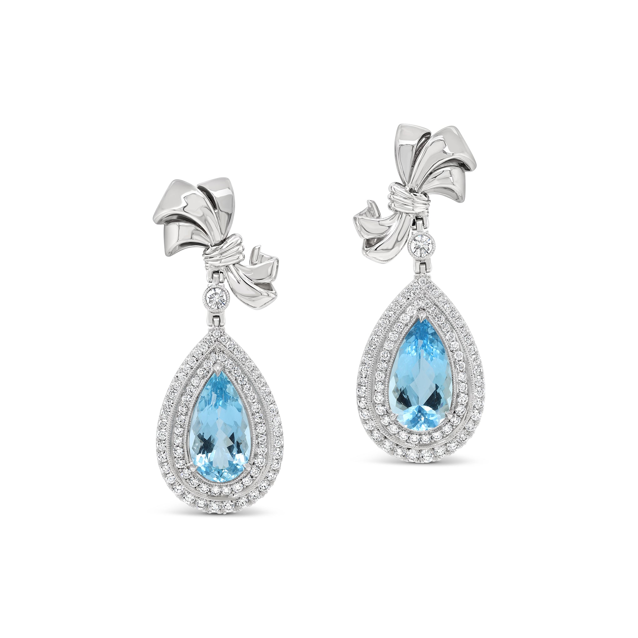 Aquamarine Double-Halo Diamond Drop Earrings in 18ct White Gold