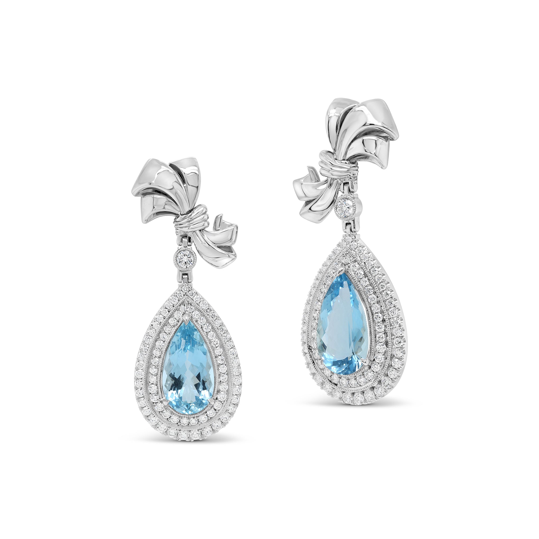 Aquamarine Double-Halo Diamond Drop Earrings in 18ct White Gold