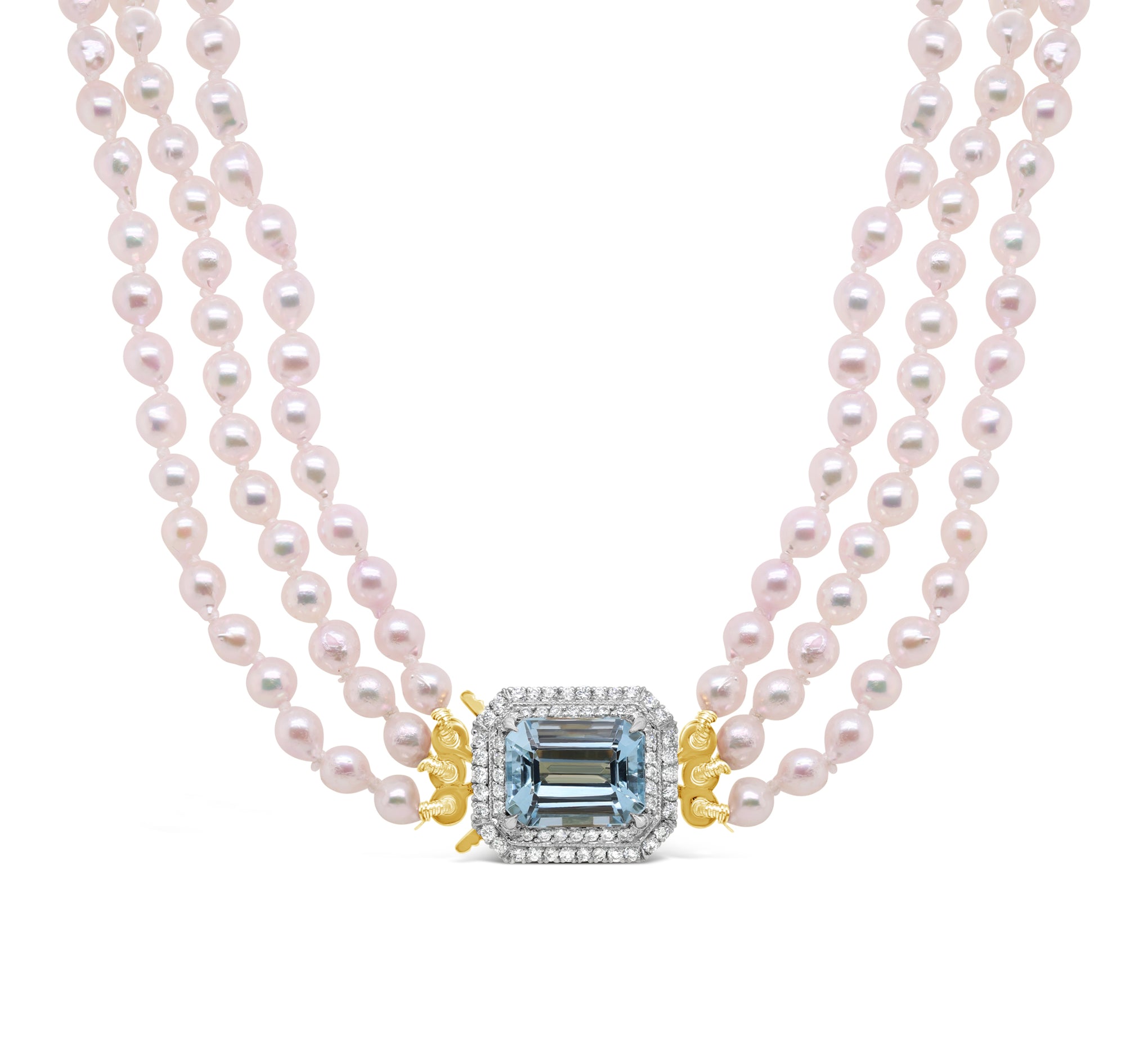 Akoya Pearl Necklace with Aquamarine and Diamond Clasp