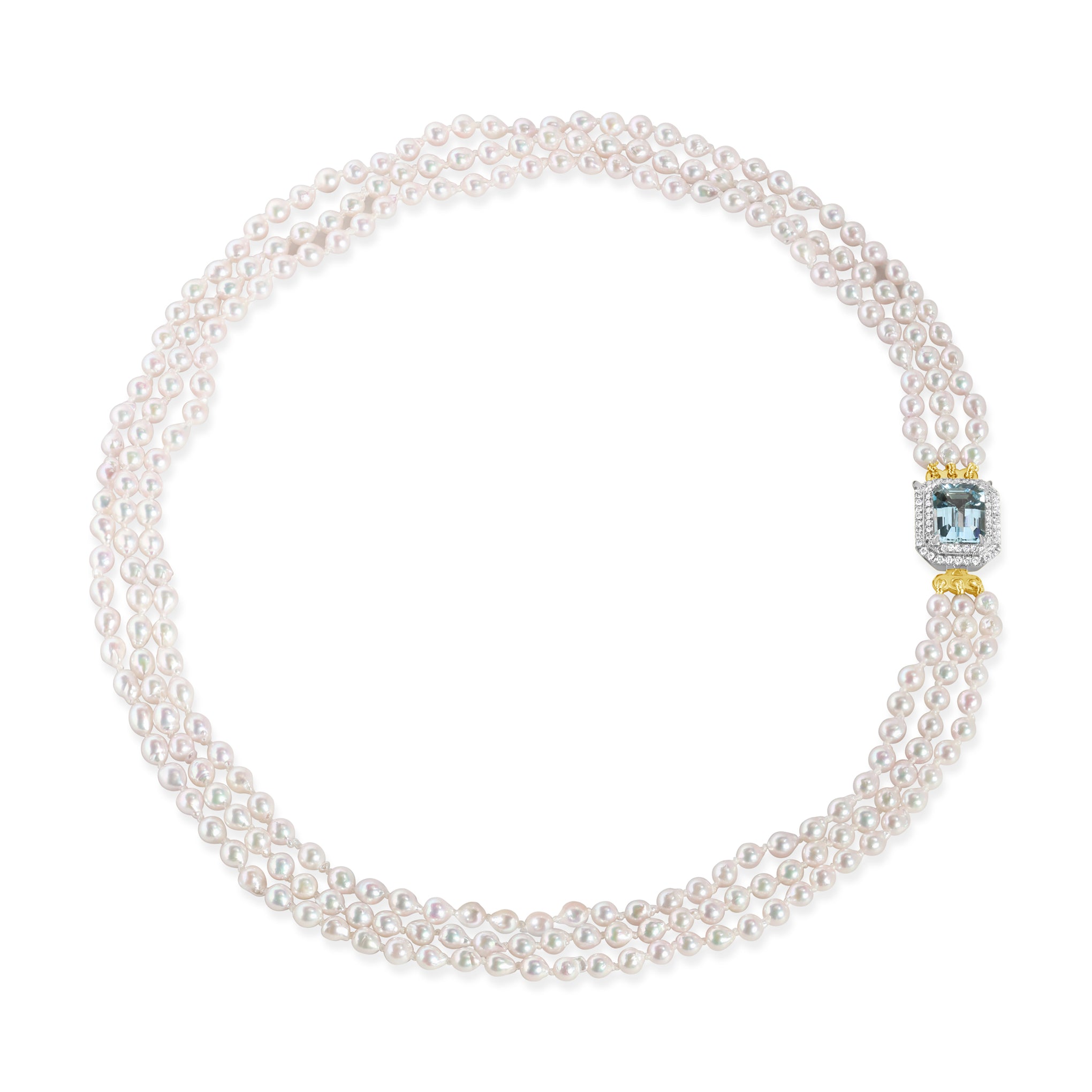 Akoya Pearl Necklace with Aquamarine and Diamond Clasp