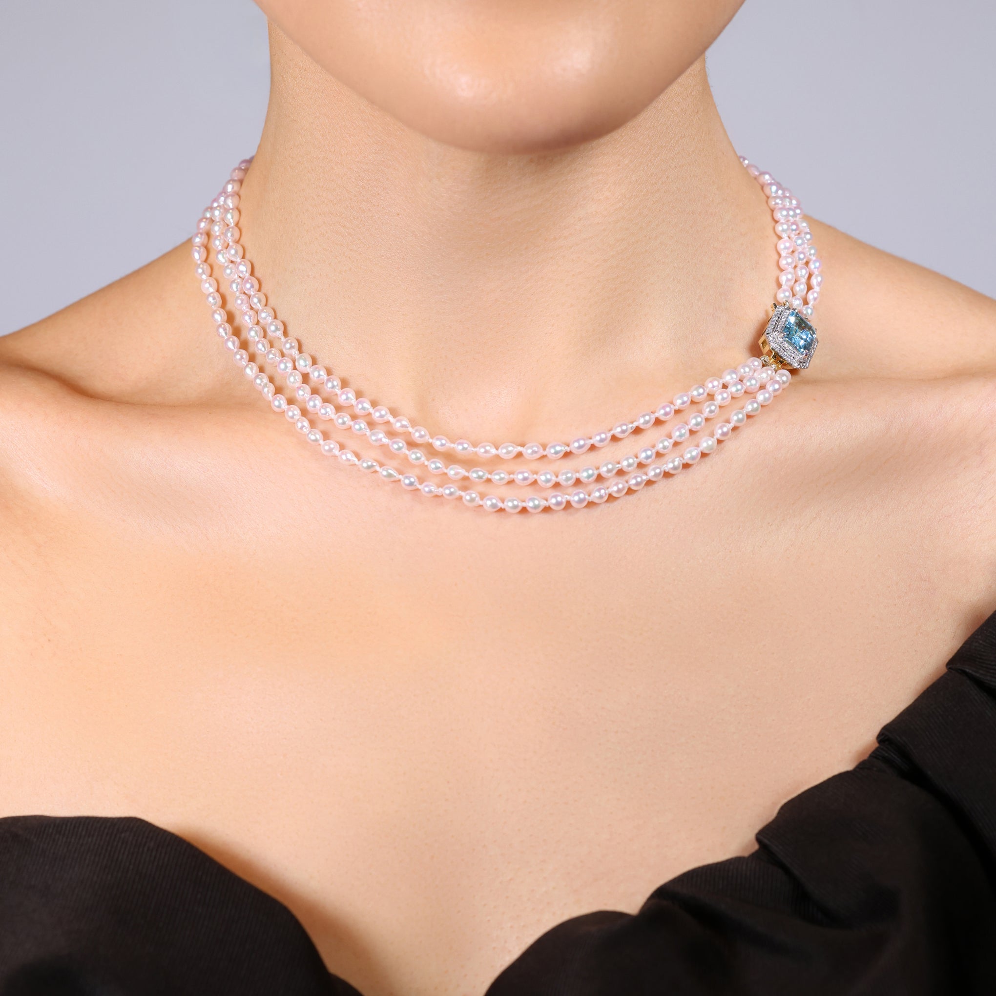 Akoya Pearl Necklace with Aquamarine and Diamond Clasp