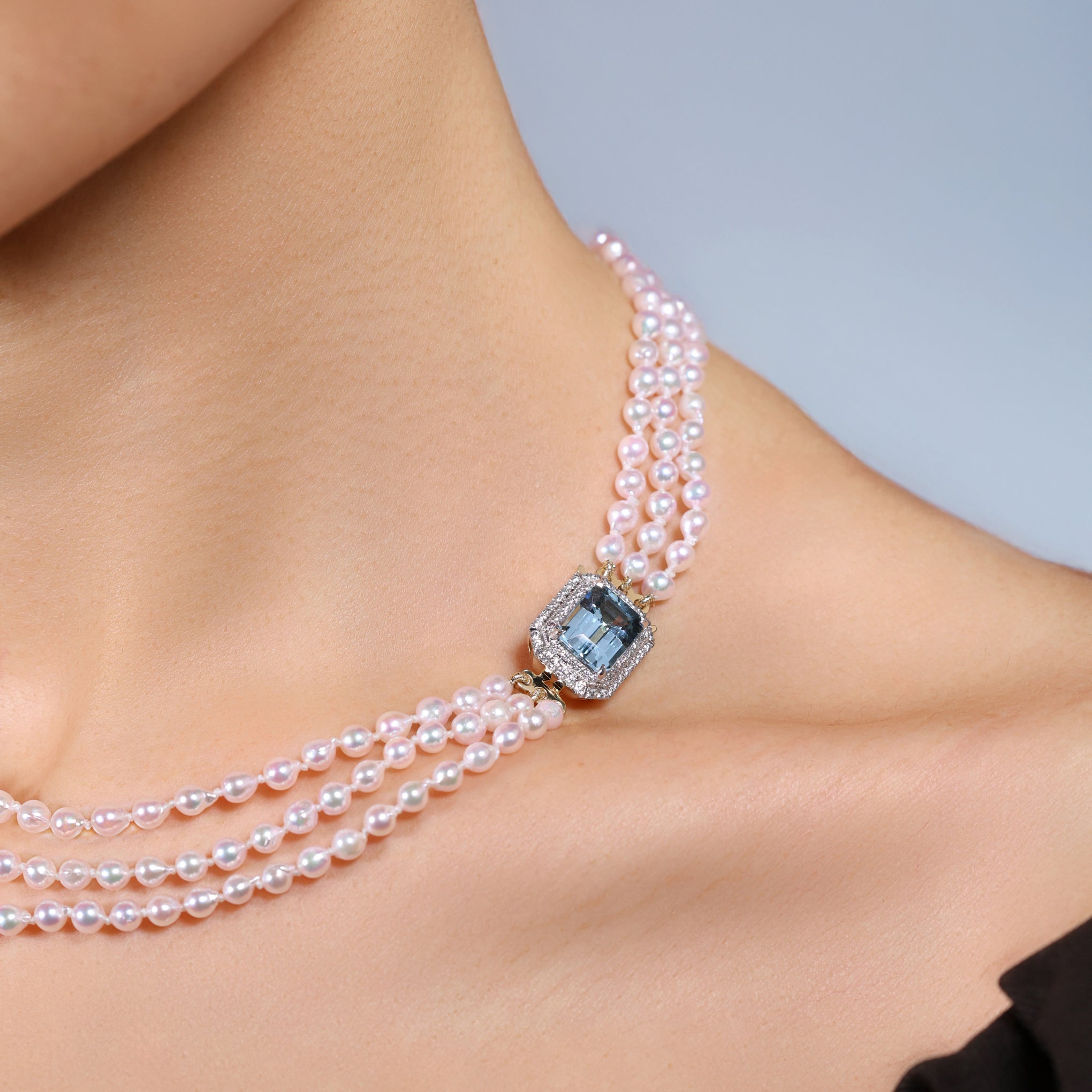 Akoya Pearl Necklace with Aquamarine and Diamond Clasp