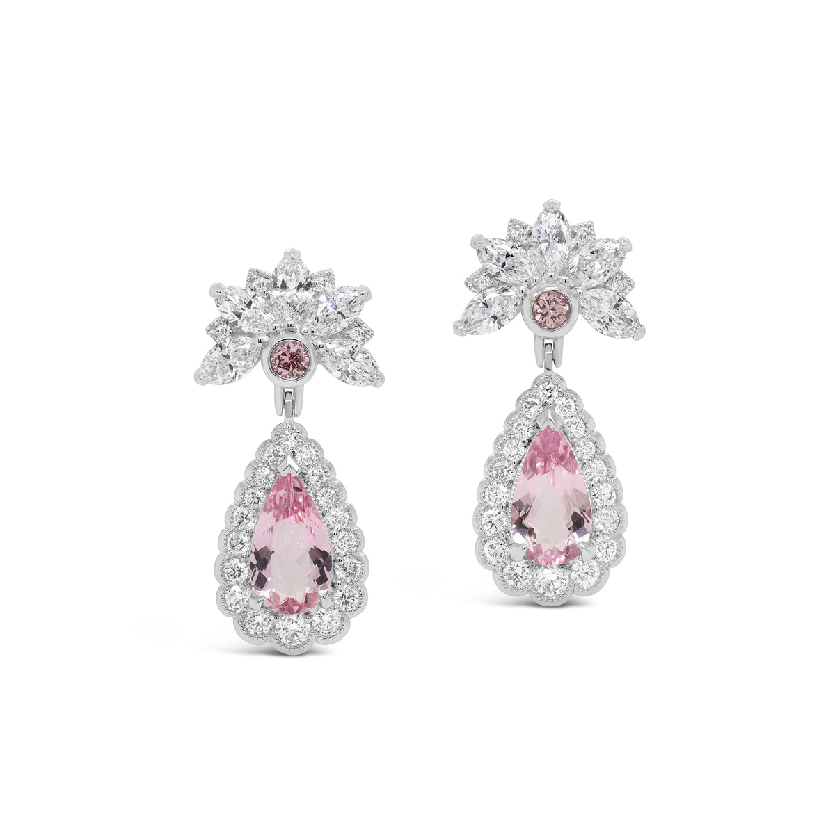 Lotus Earrings - Pear-shaped Morganite, Padparadscha Sapphire and Diamond Detail