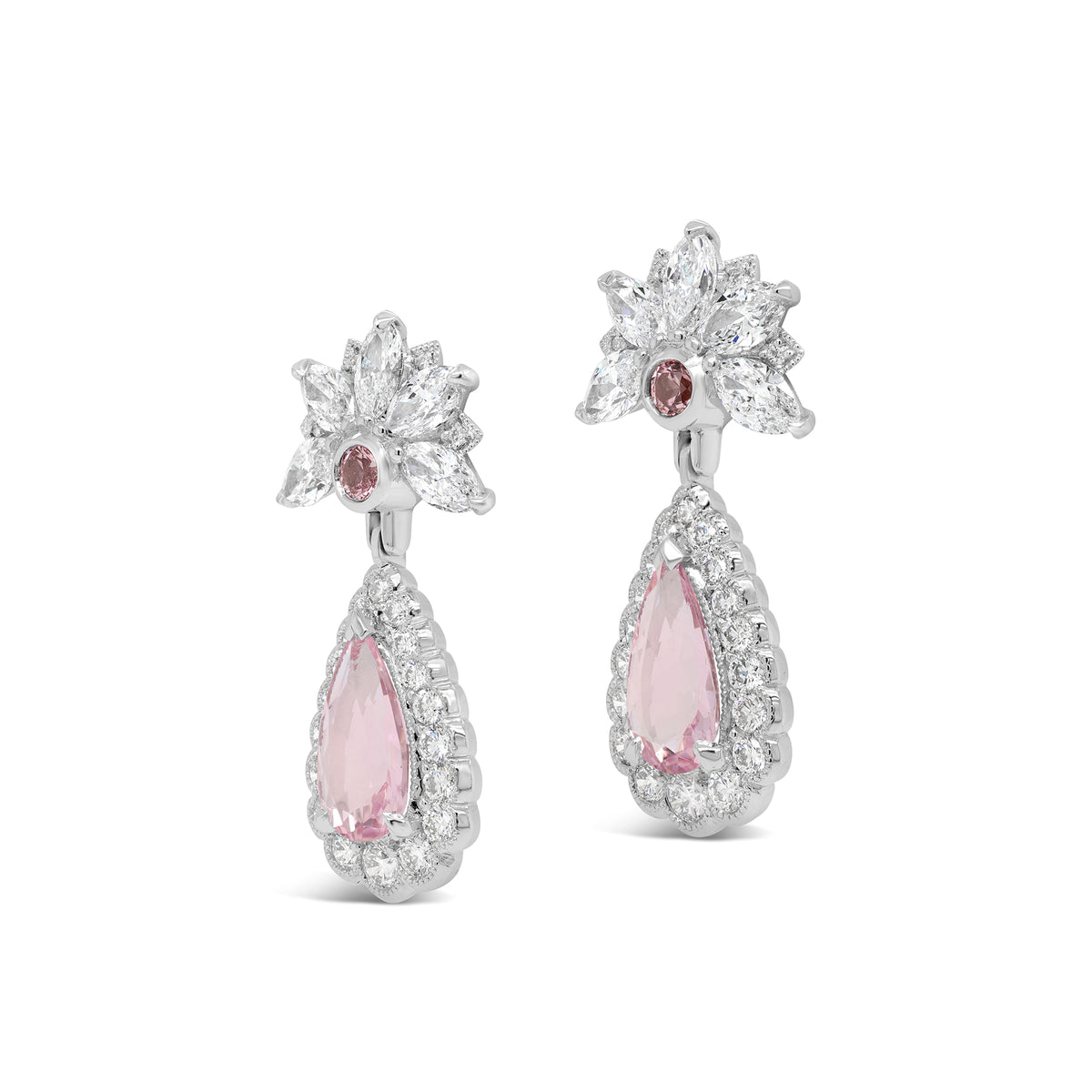 Lotus Earrings - Pear-shaped Morganite, Padparadscha Sapphire and Diamond Detail