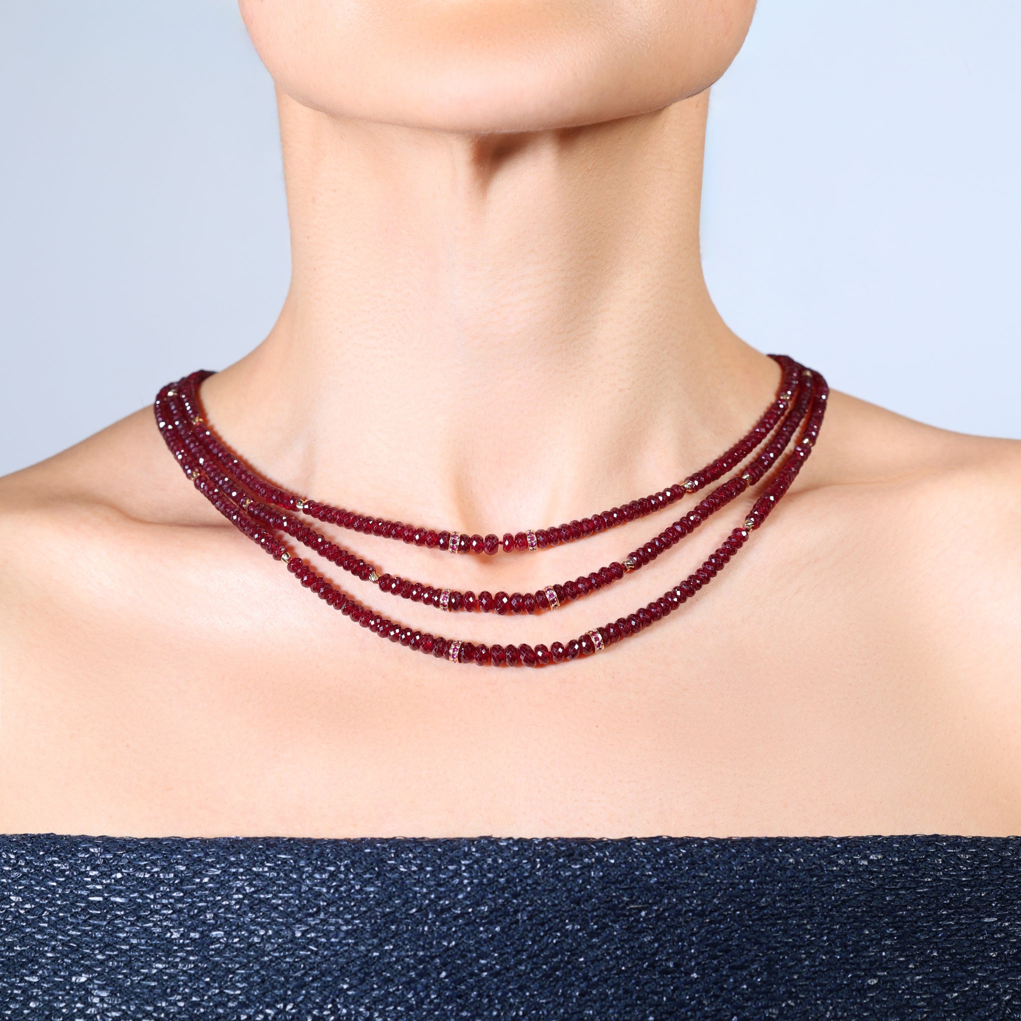 Three-row ruby and diamond beaded necklace