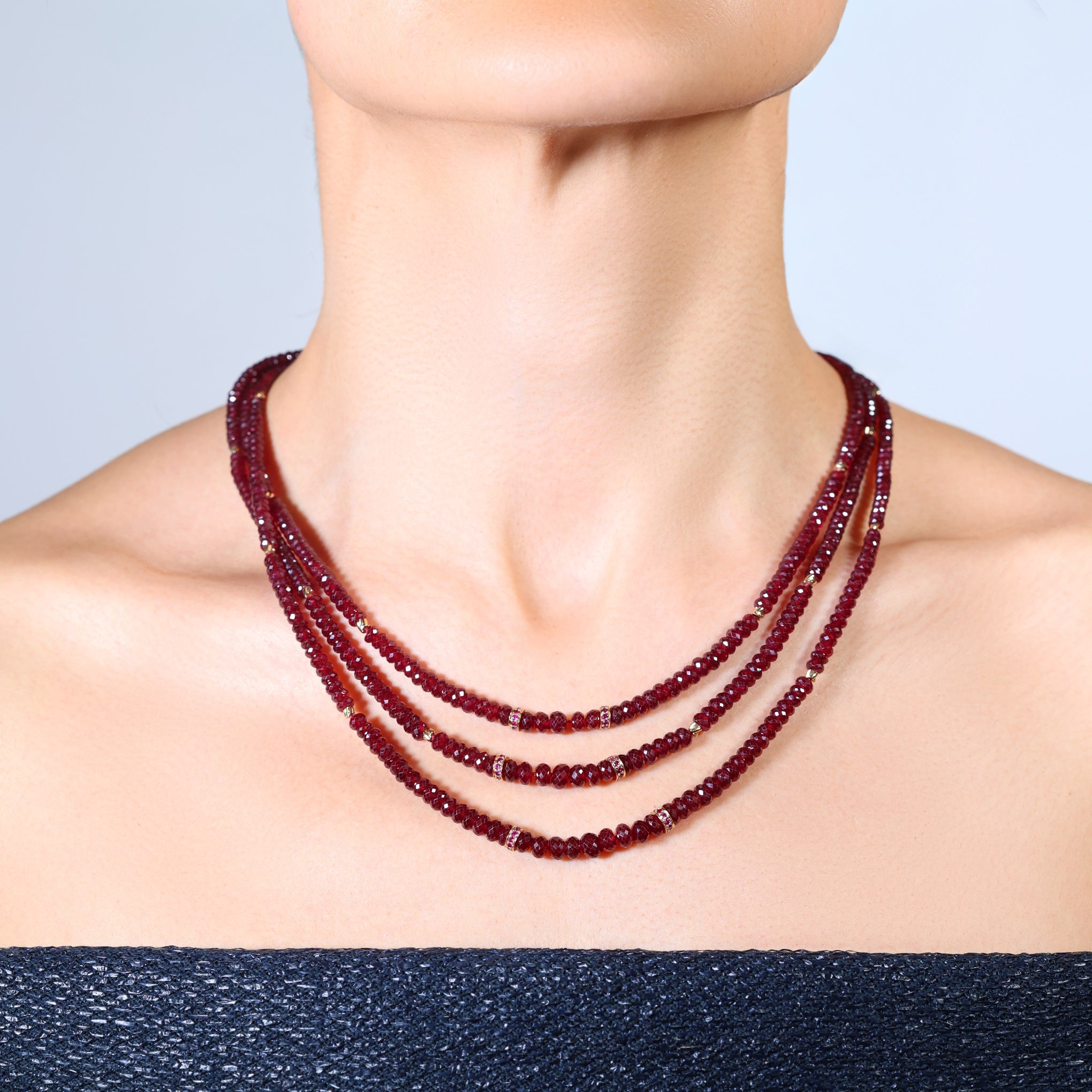 Three-row ruby and diamond beaded necklace