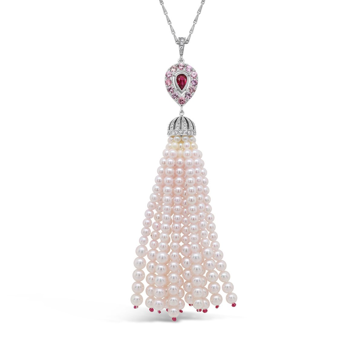 Ruby, Padparadscha Sapphire, & Diamond Cascade Pearl Necklace