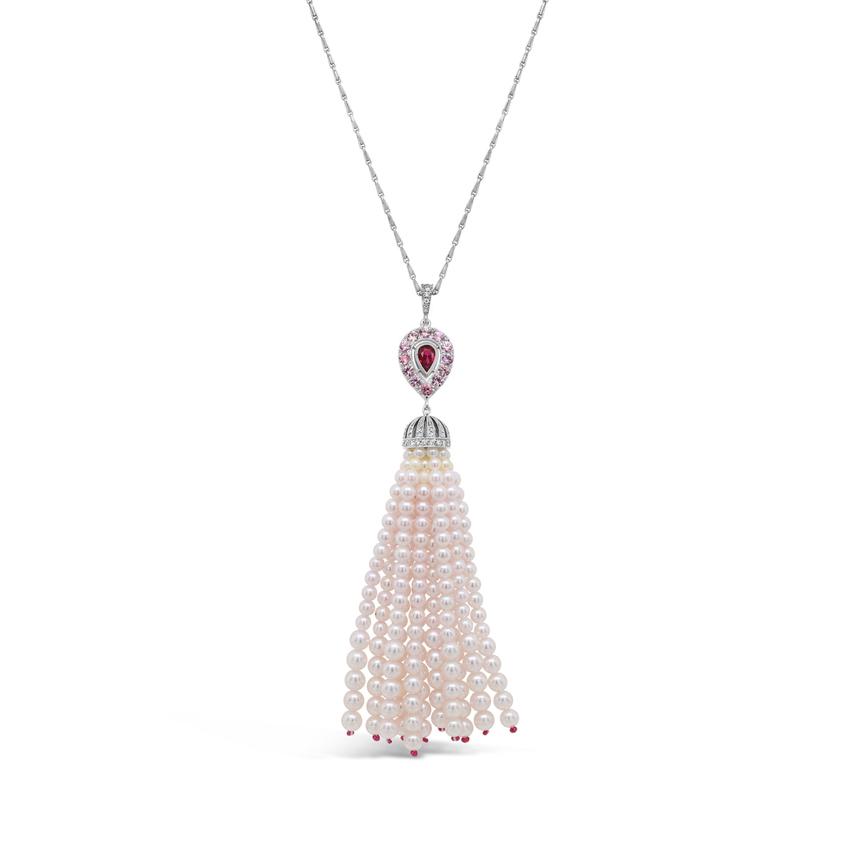Ruby, Padparadscha Sapphire, & Diamond Cascade Pearl Necklace