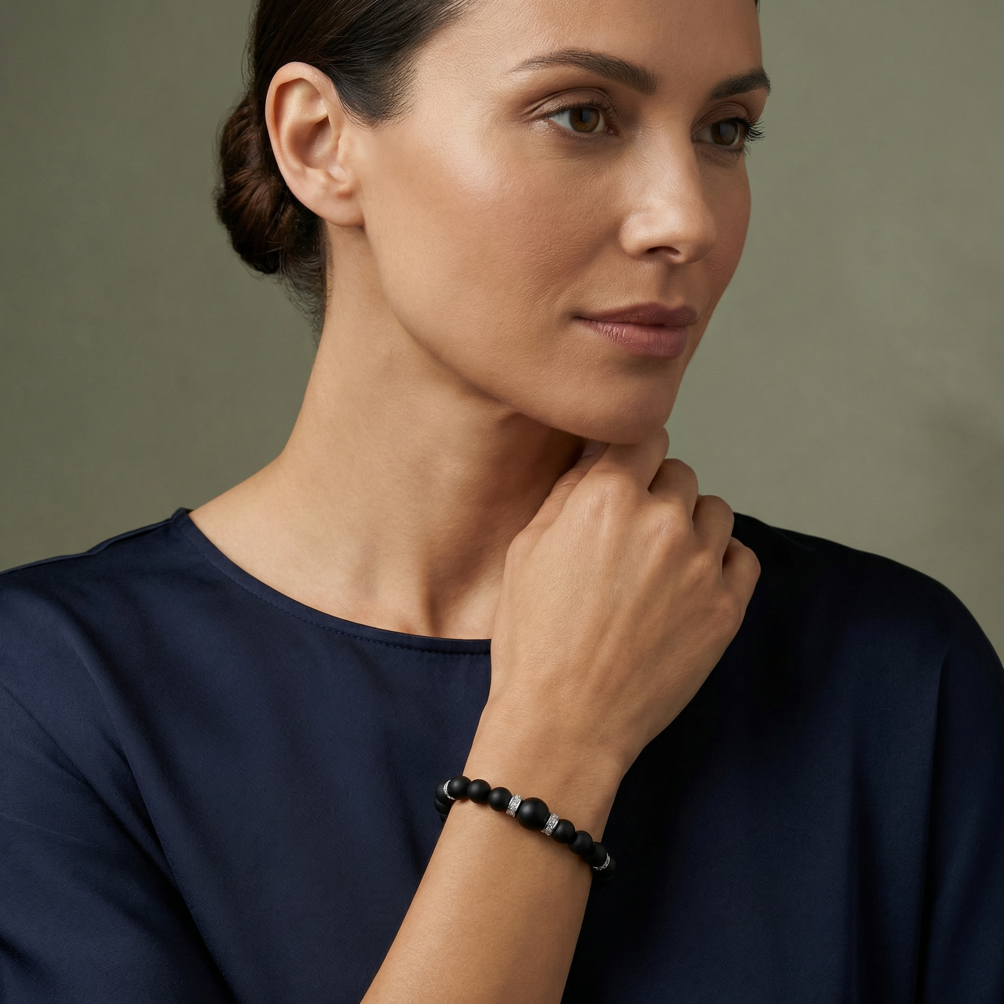 Matte Onyx Bead & Diamond Set Rondelle Bracelet