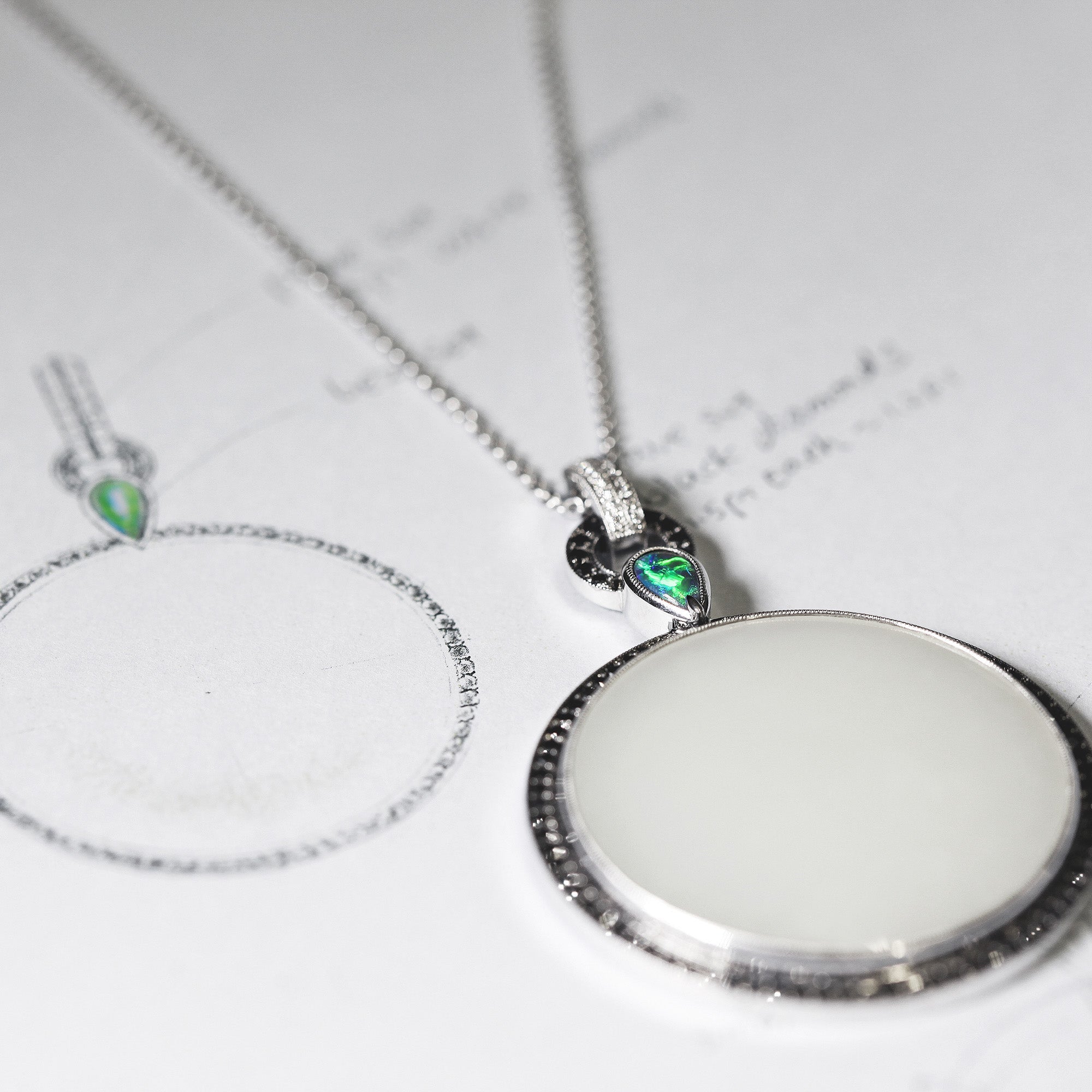 White Jade, Diamond and Black Opal Necklace
