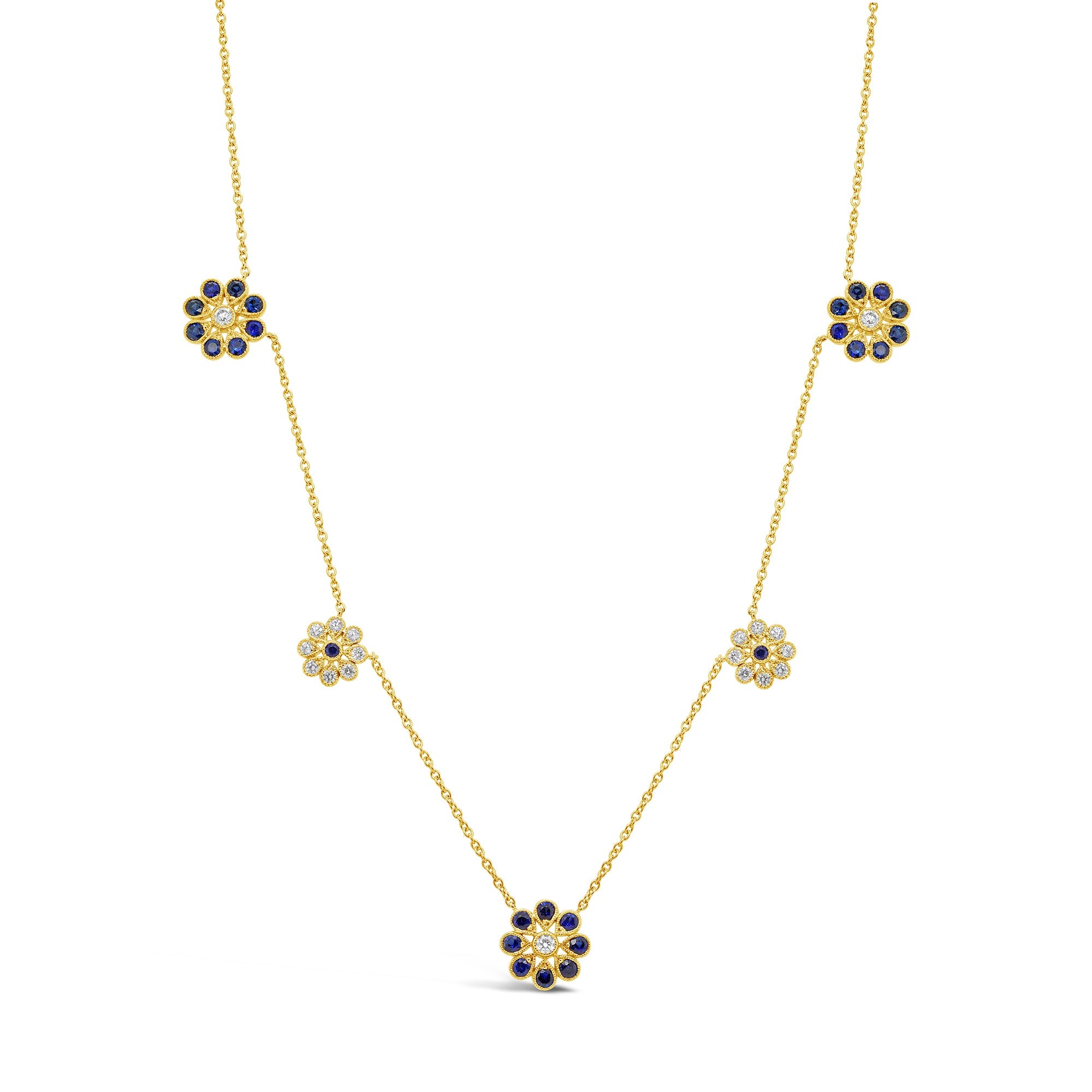 Sapphire & Diamond Flower Station Necklace Yellow Gold