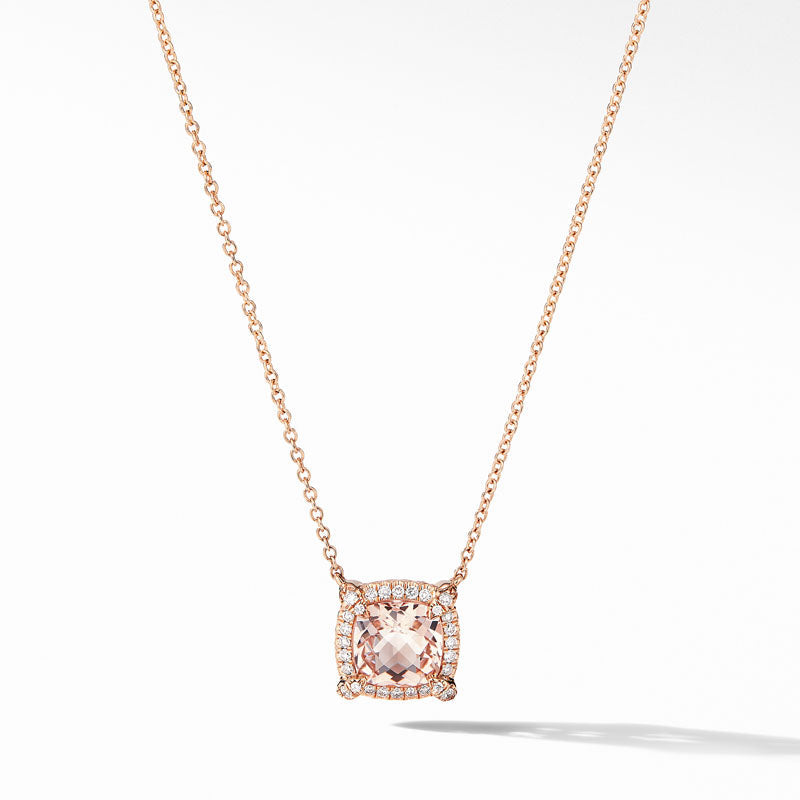 Petite Chatelaine® Pavé Bezel Pendant Necklace in 18K Rose Gold with Morganite - 18 inches