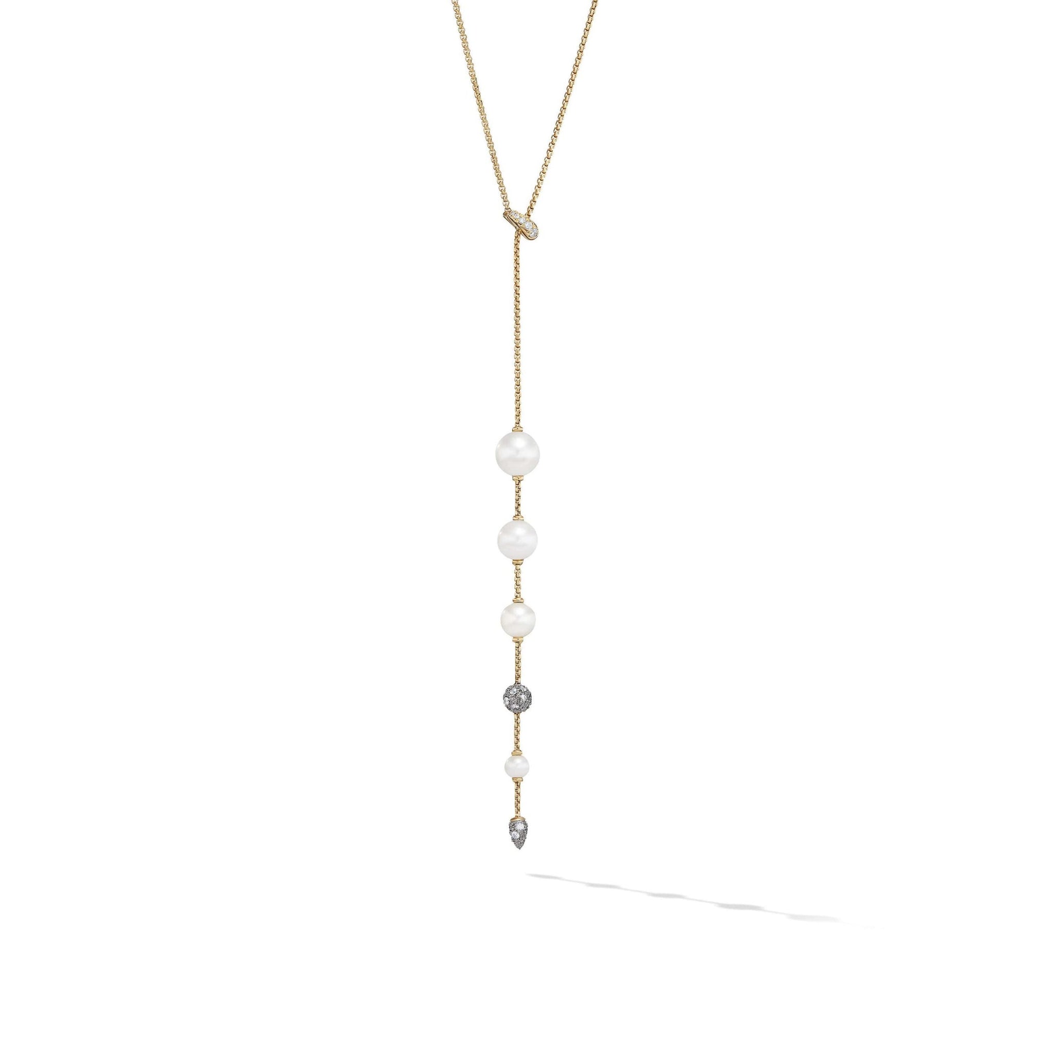 Pearl & Pavé Y Necklace in 18K Yellow Gold with Diamonds